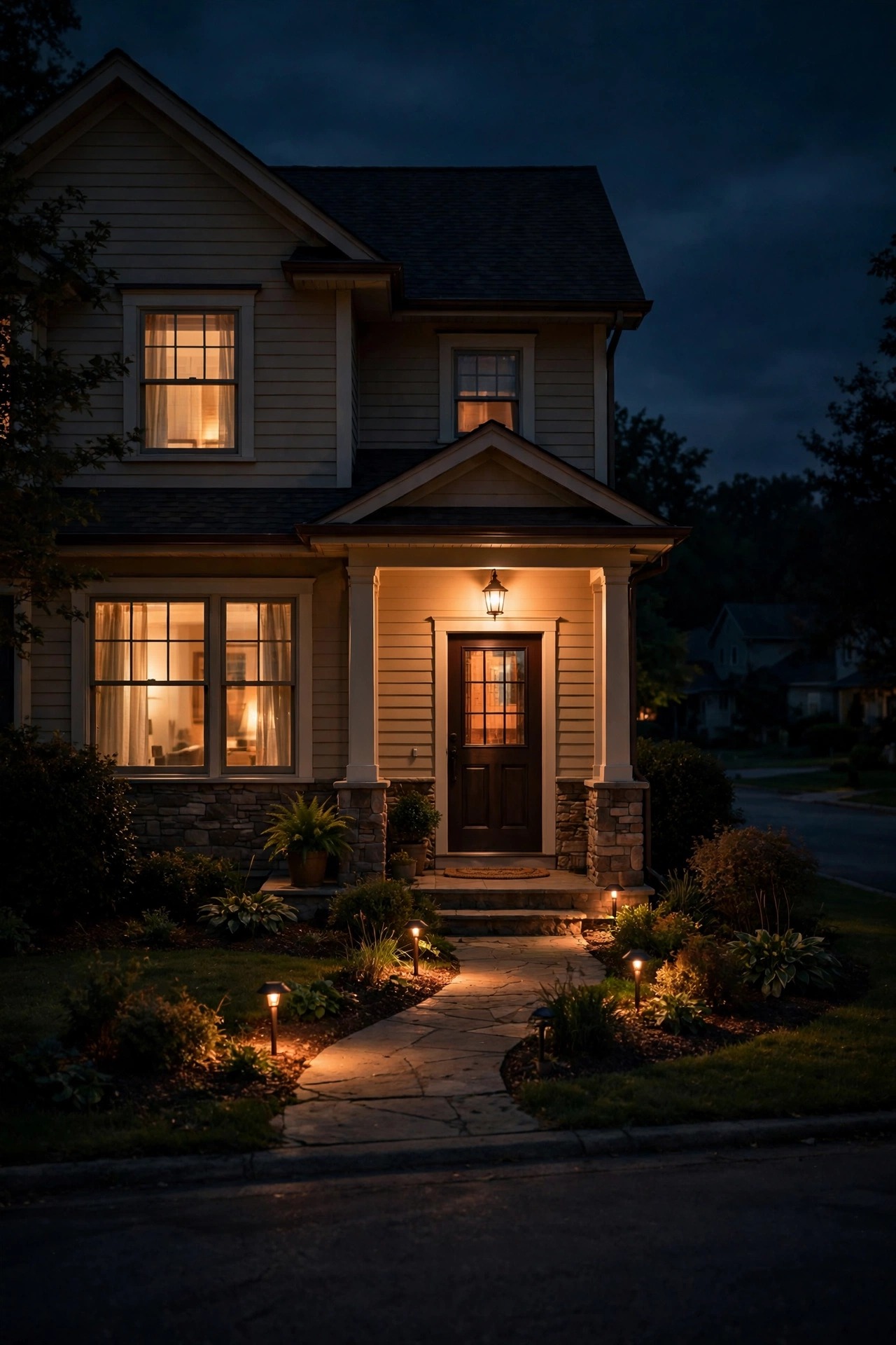 Warm porch and path lights glowing on a quiet suburban home at night, lived-in vacation lighting routine