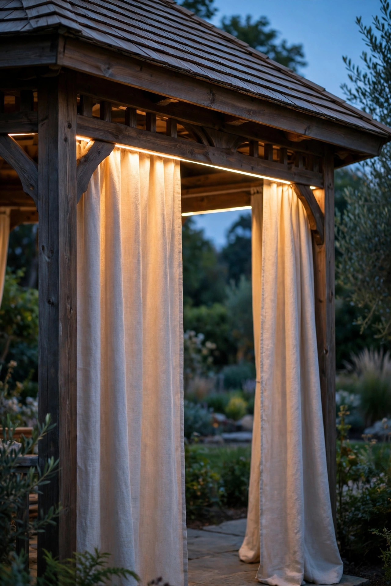 Hidden LED strip along a gazebo valance washing warm light down over curtain panels