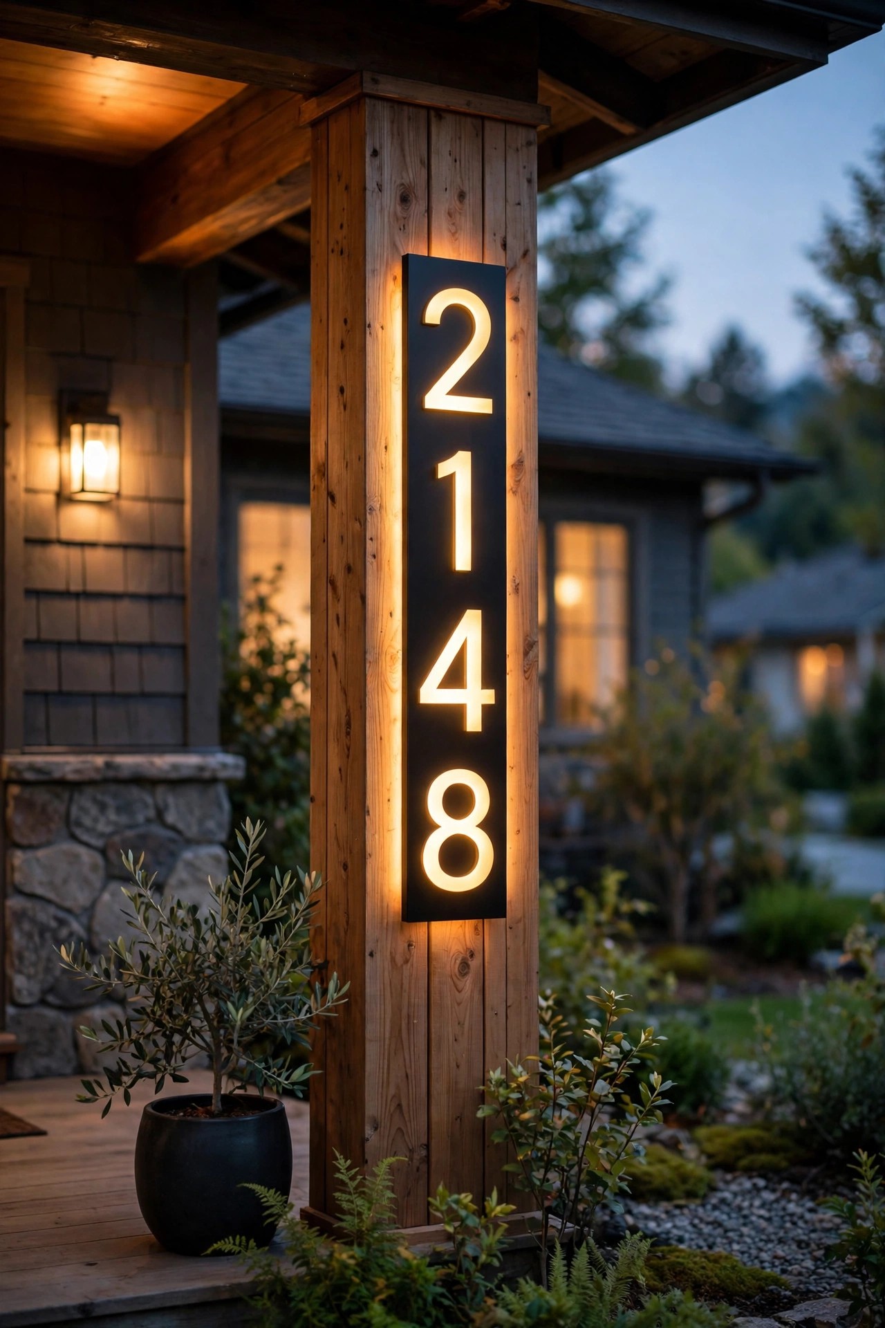 Vertical illuminated address sign mounted on a porch column with digits stacked top to bottom
