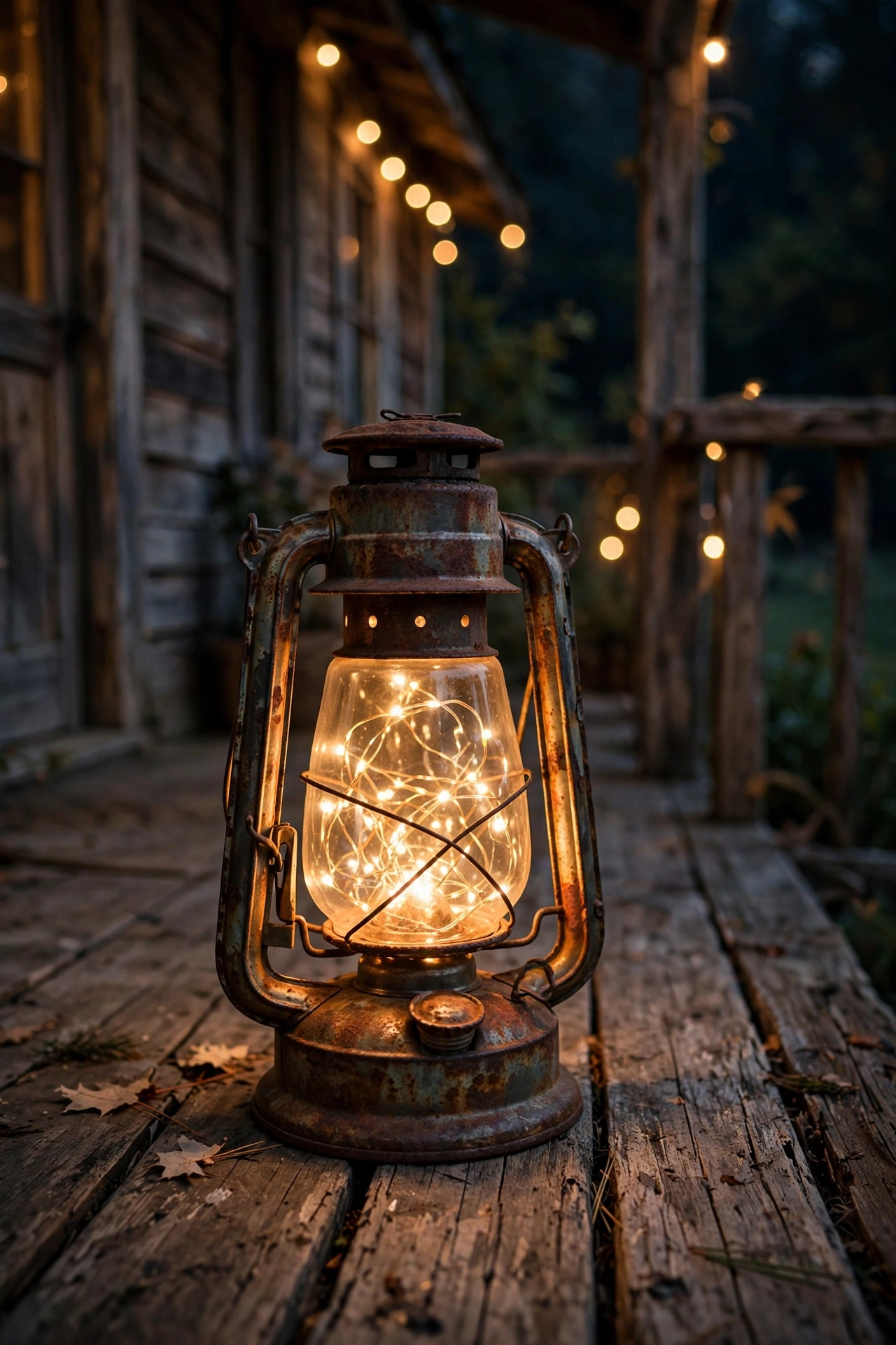 Vintage hurricane lantern filled with twinkling fairy lights on a farmhouse porch table