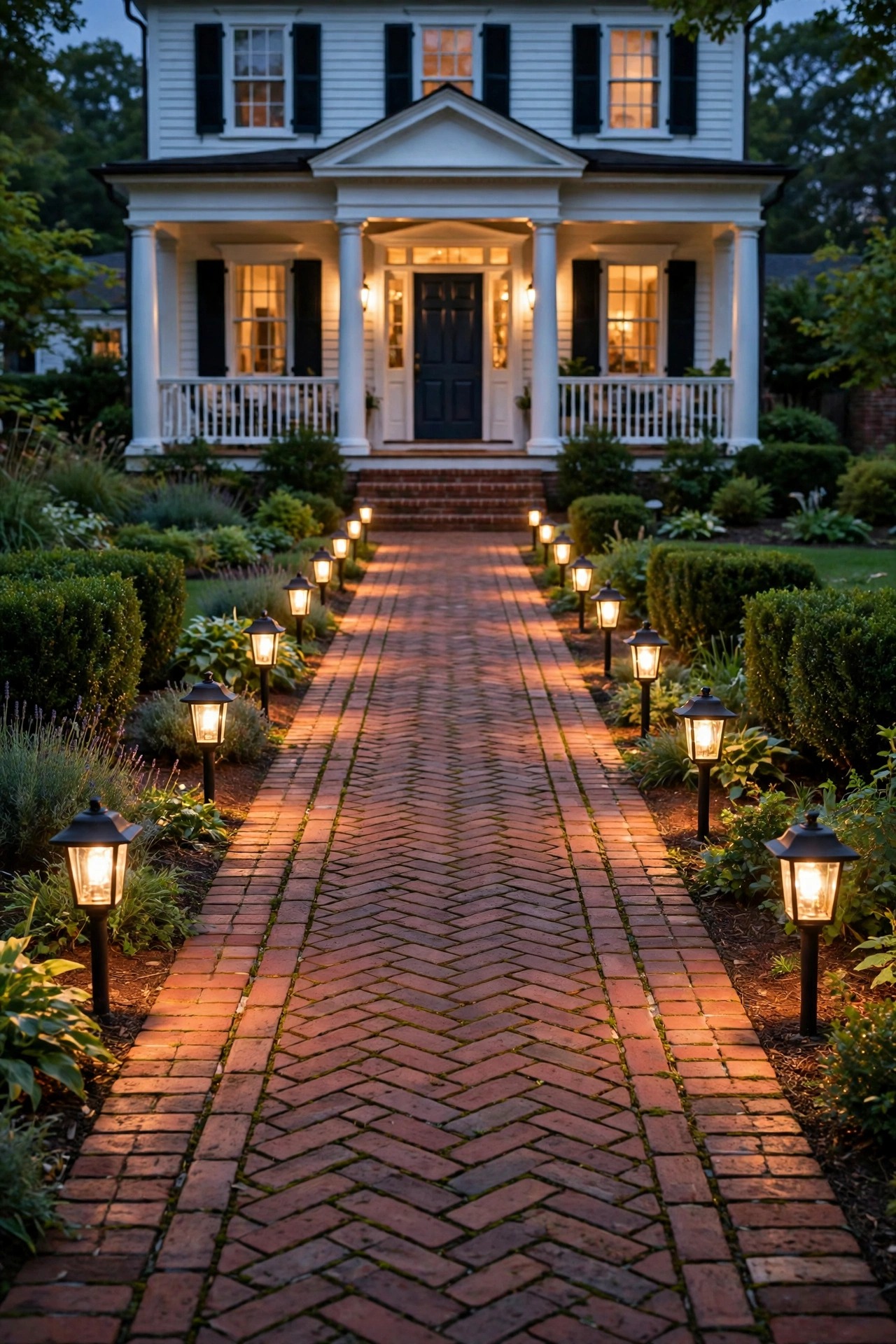 Low lantern style path lights lining both sides of a straight brick walkway to a colonial porch