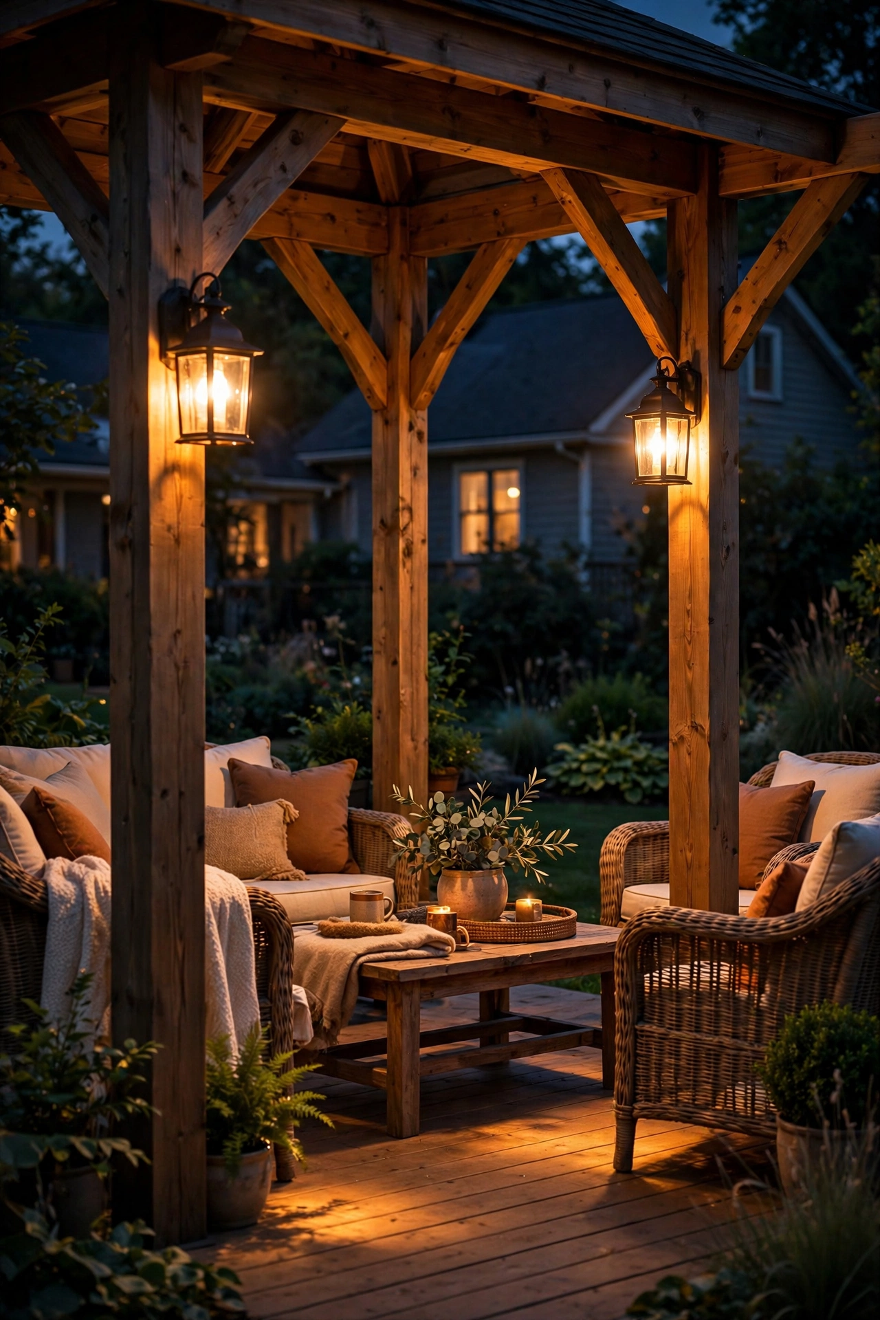 Outdoor wall sconces mounted on gazebo corner posts casting warm downward light