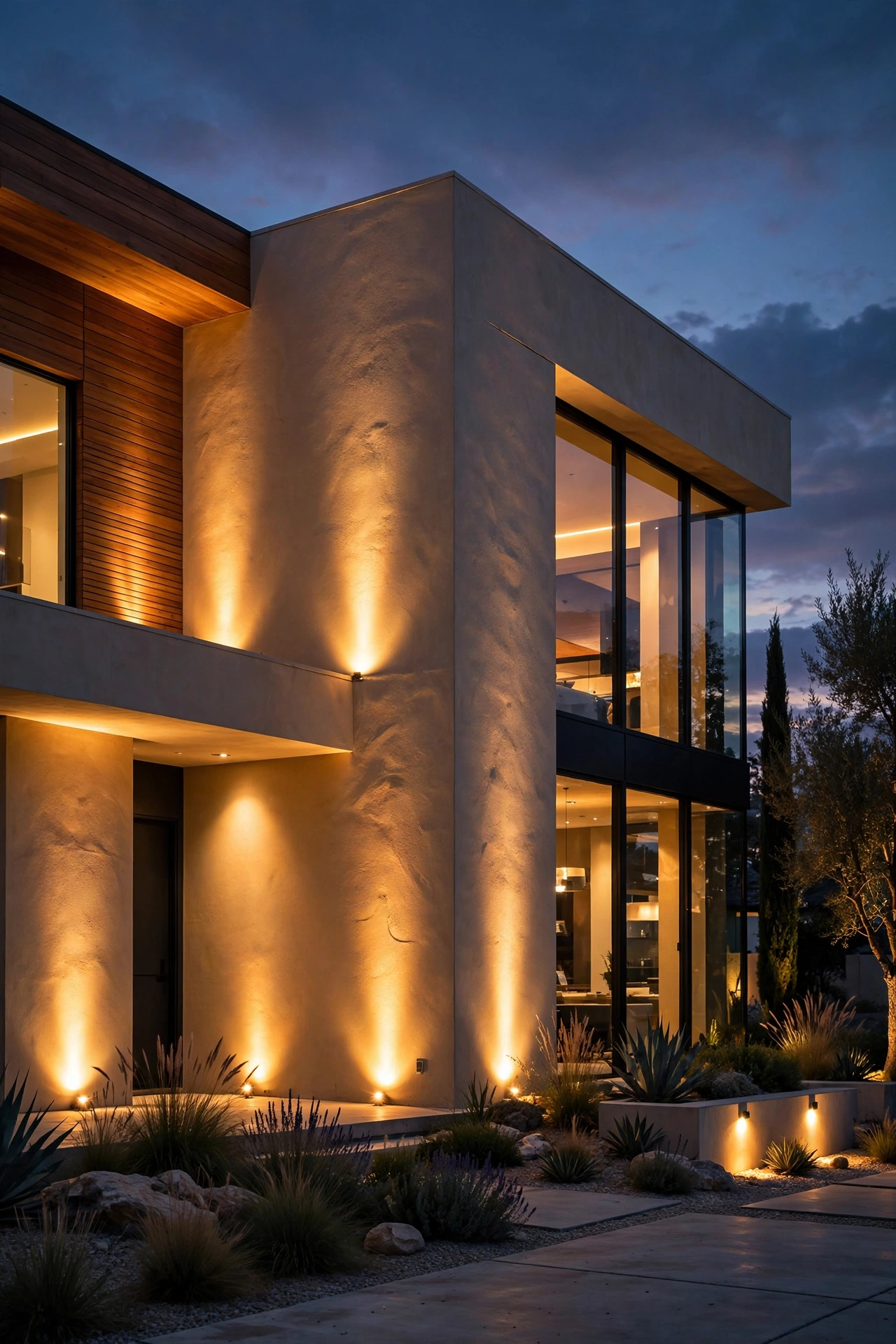 Wall-washing spotlights sculpting a modern stucco facade with warm light at night
