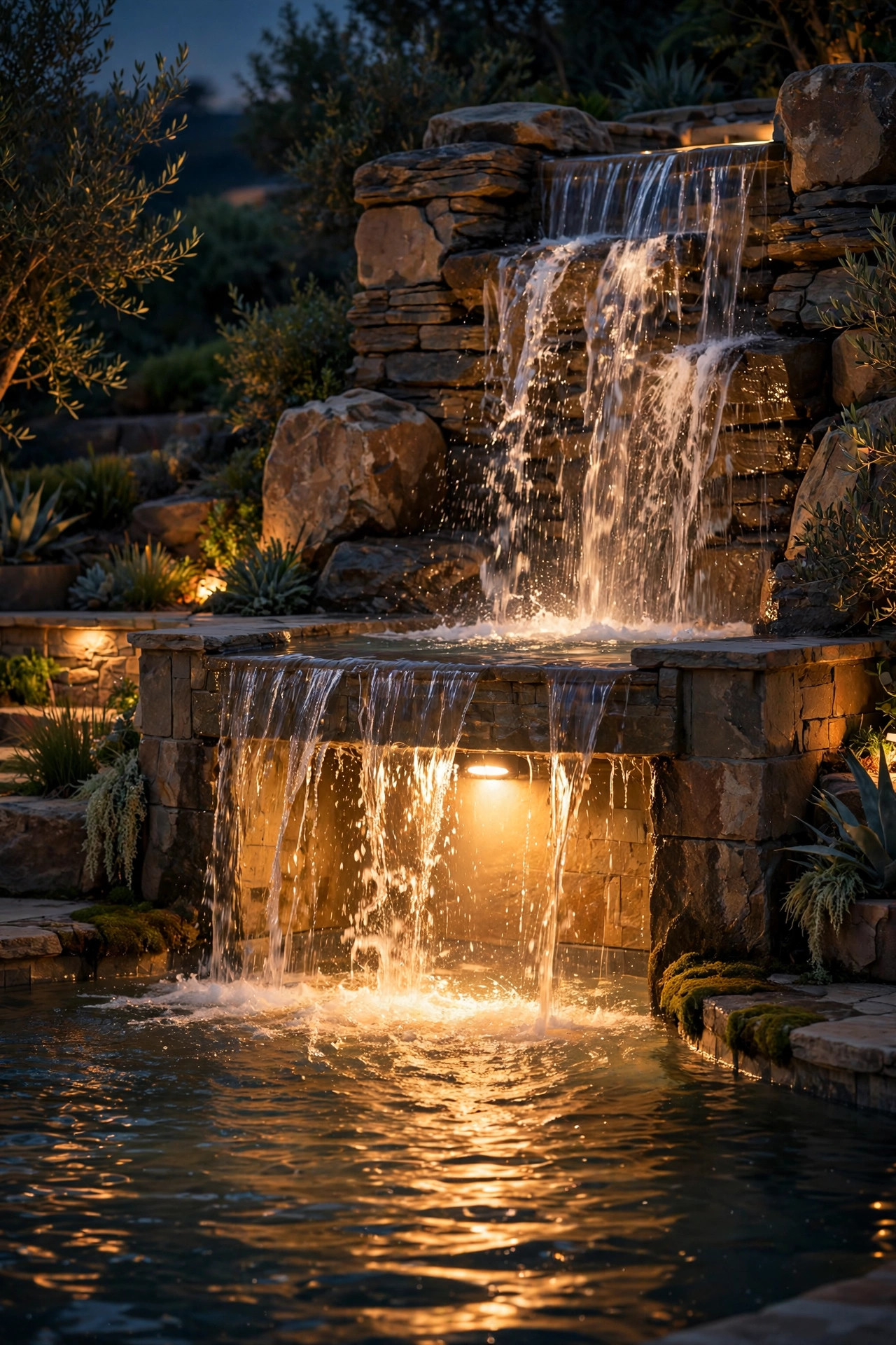 Pool waterfall and spa spillway glowing from a submersible spotlight at night with shimmering falling water