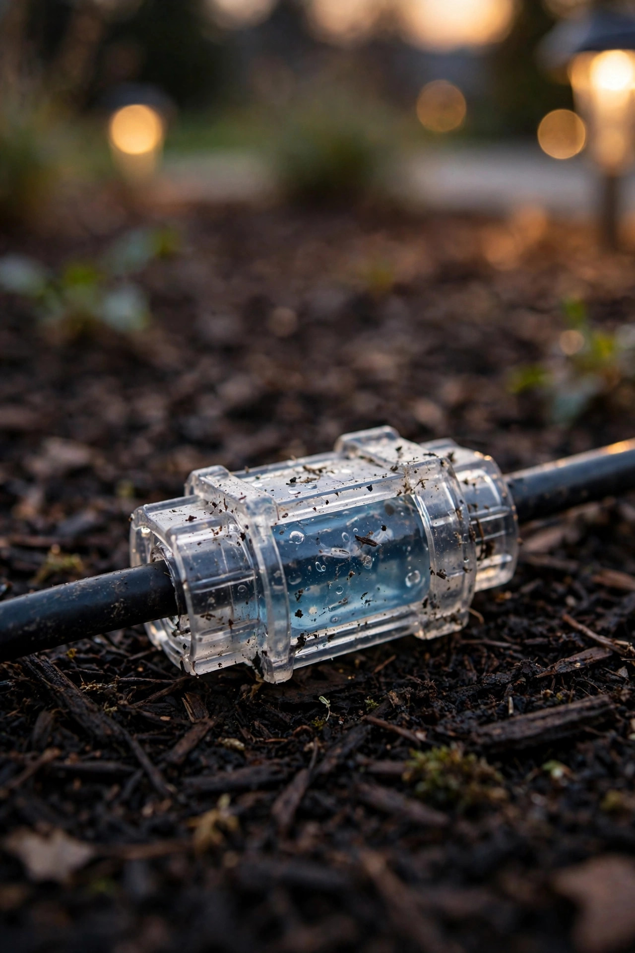 Close-up of a gel-filled waterproof connector sealing a repaired landscape lighting cable splice resting on dark mulch at dusk