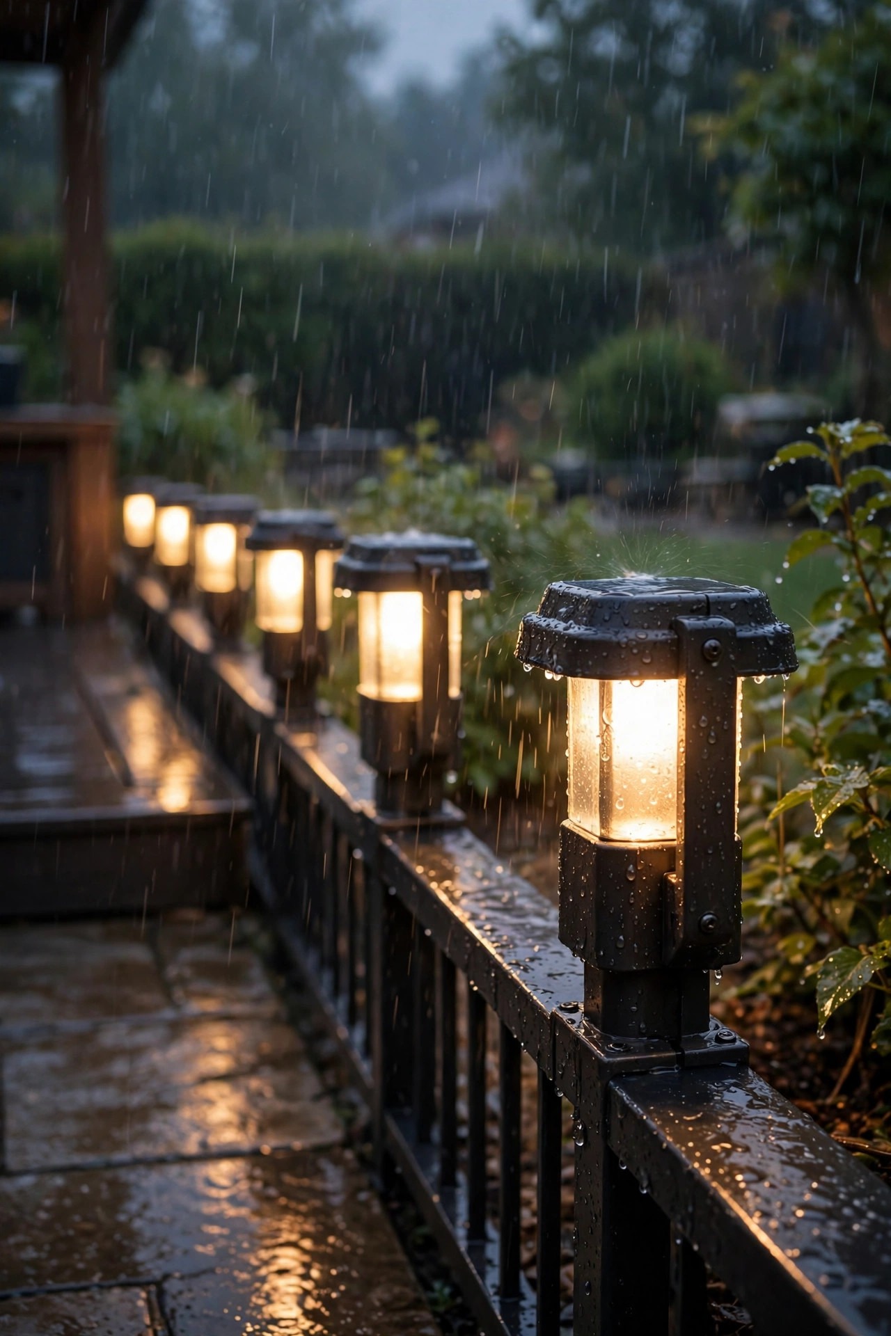 Sturdy solar lights glowing through gentle evening rain along a patio edge, water beading on dark metal housings