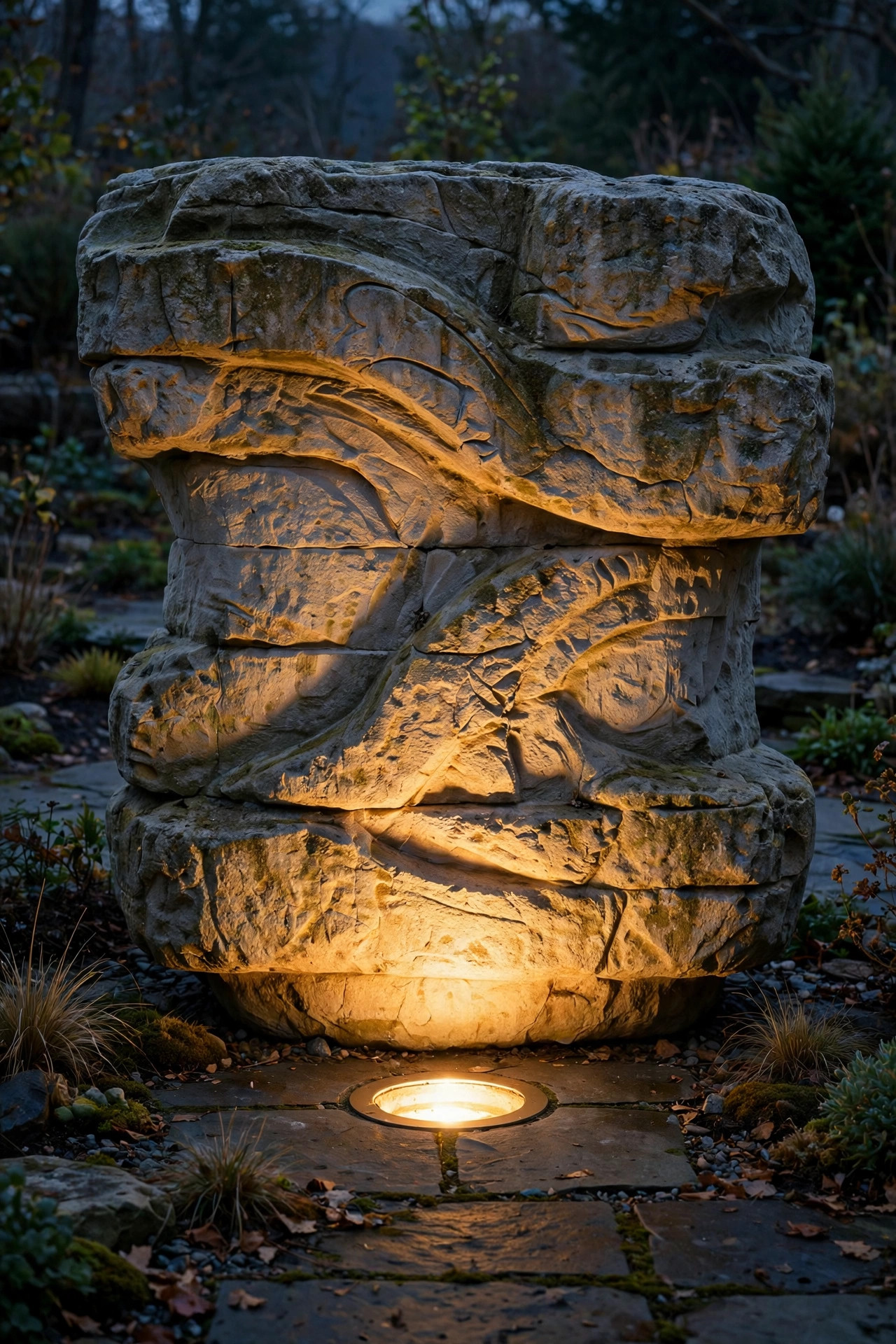 Flush in-ground well light at the base of a wide stone sculpture washing even warm light upward at night