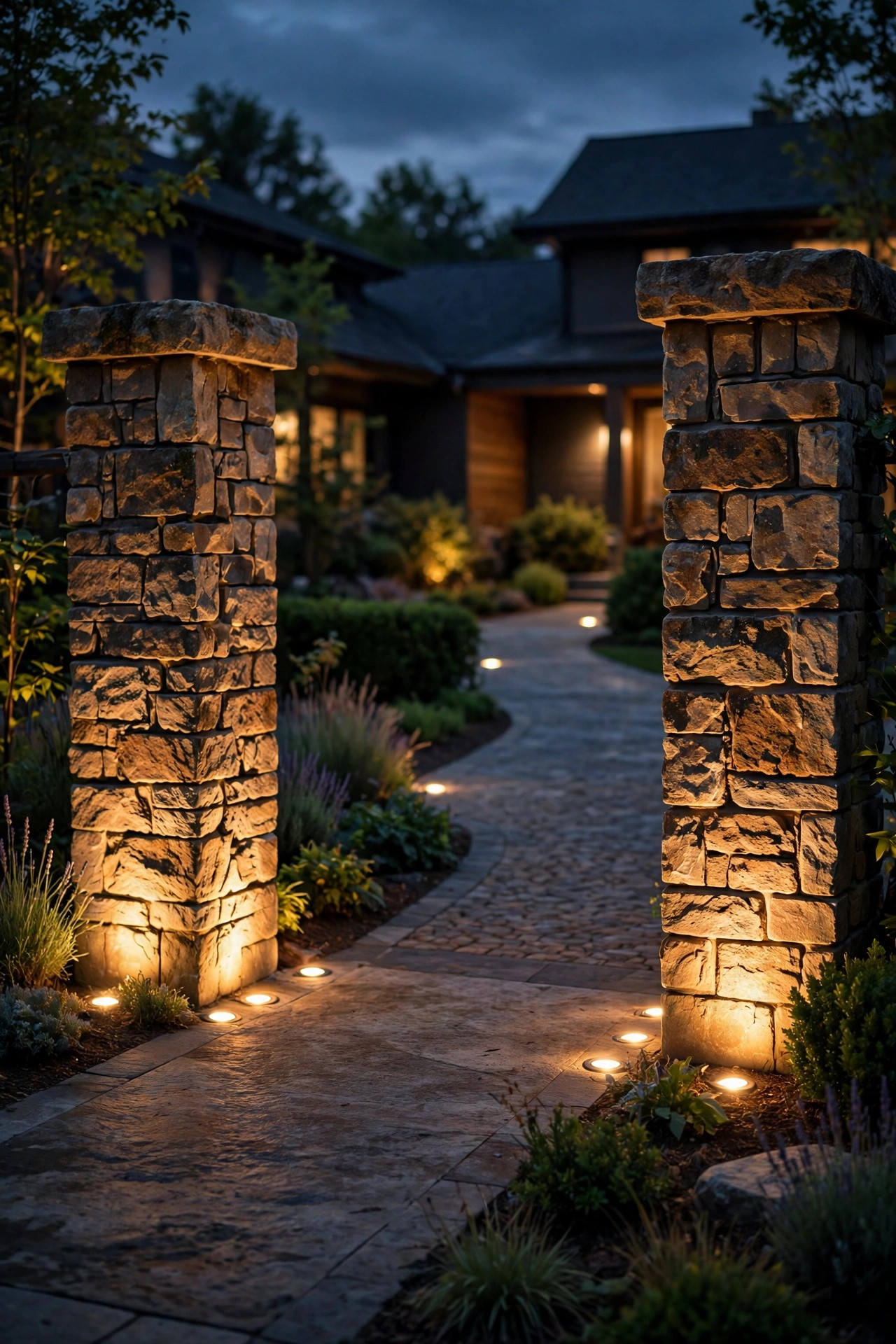 In-ground well lights washing warm light up textured stone driveway pillars at night