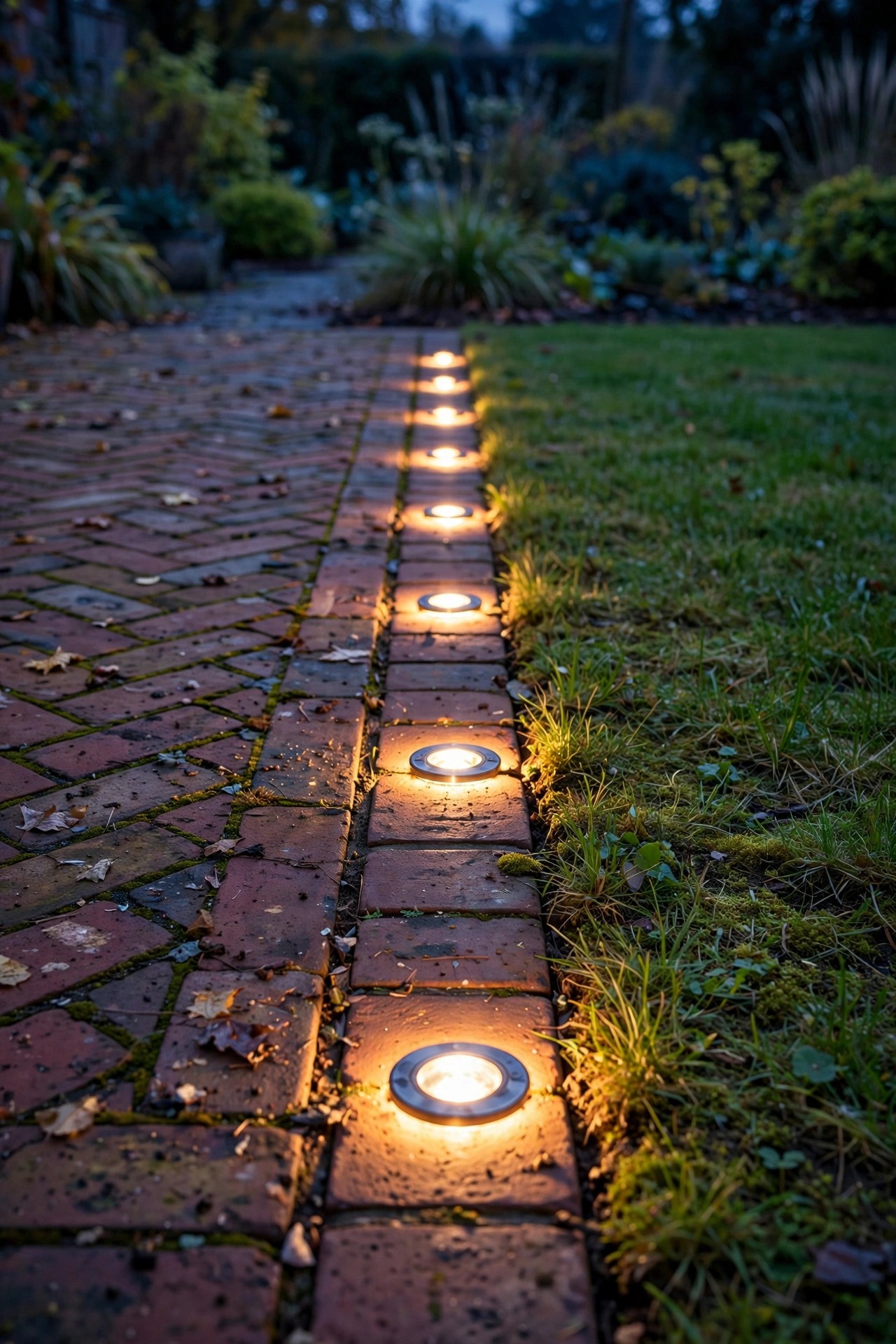 Flush in-ground well lights glowing along the edge where a brick patio meets the lawn