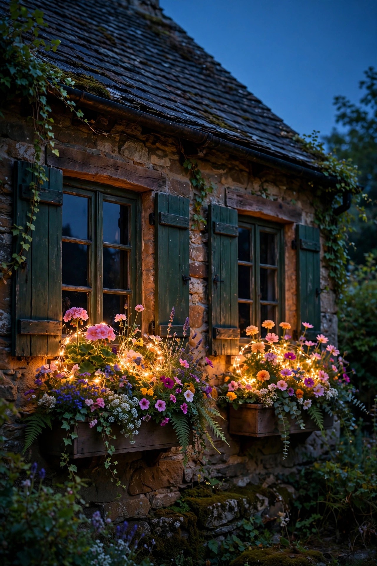 Cottage window boxes filled with flowers and woven warm micro fairy lights at dusk
