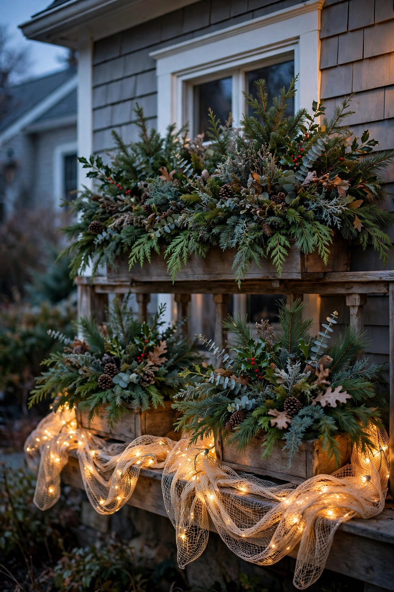 Window box and porch planters filled with winter greenery and folded net lights spilling a warm glow over the front edge