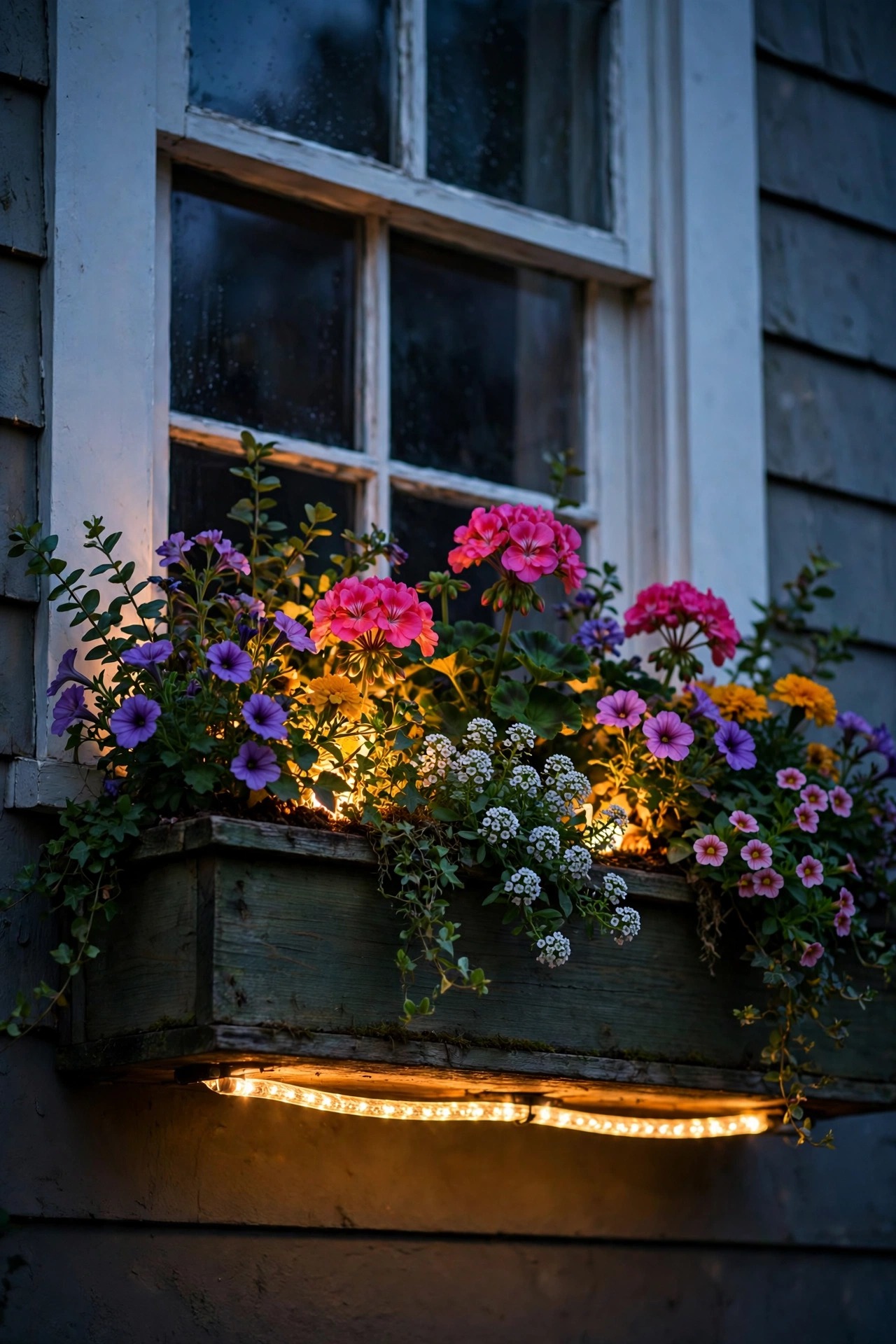 Window box full of flowers lit from below by a warm rope light mounted under the box at dusk