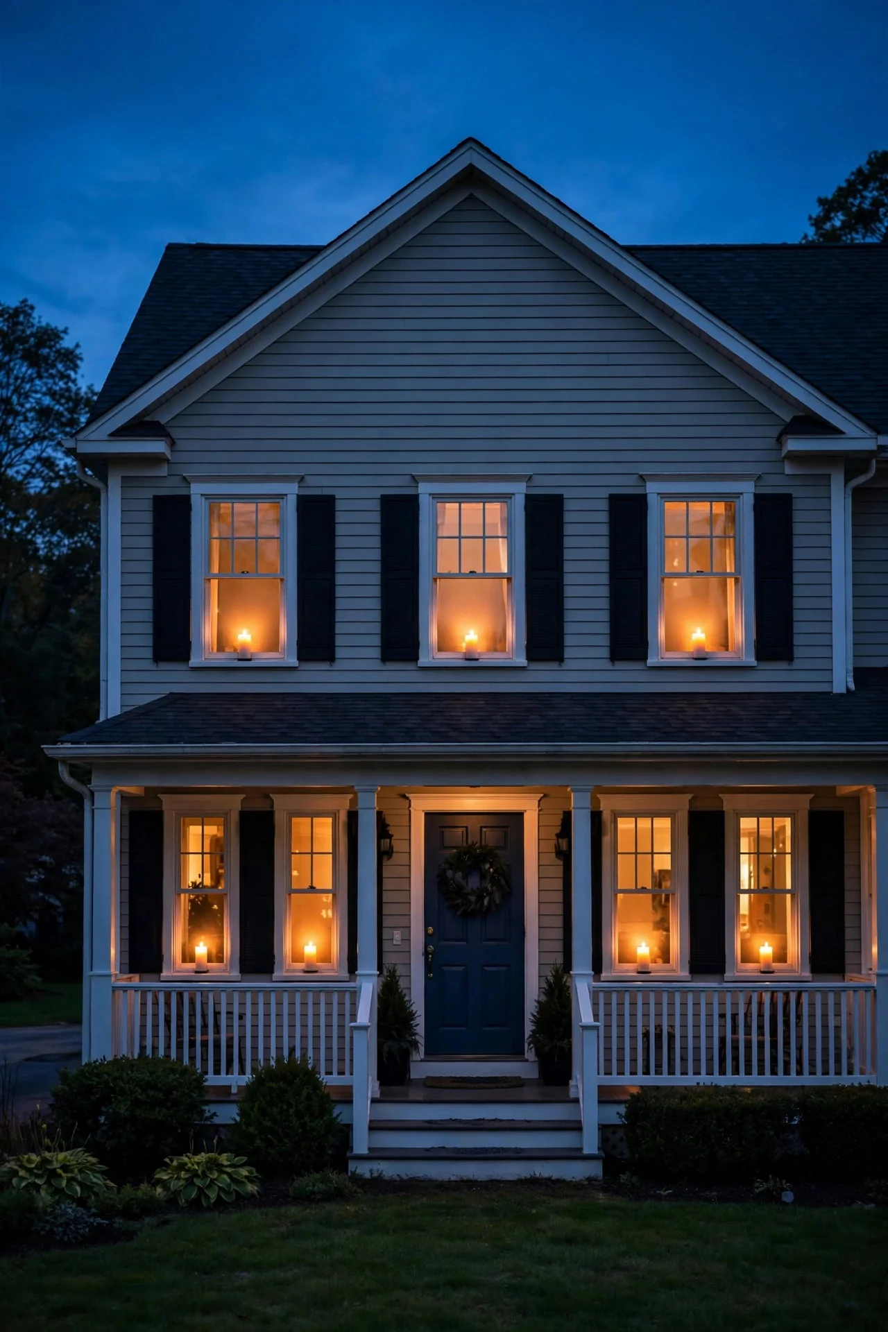 Suburban house at dusk with warm electric candles glowing in every front window
