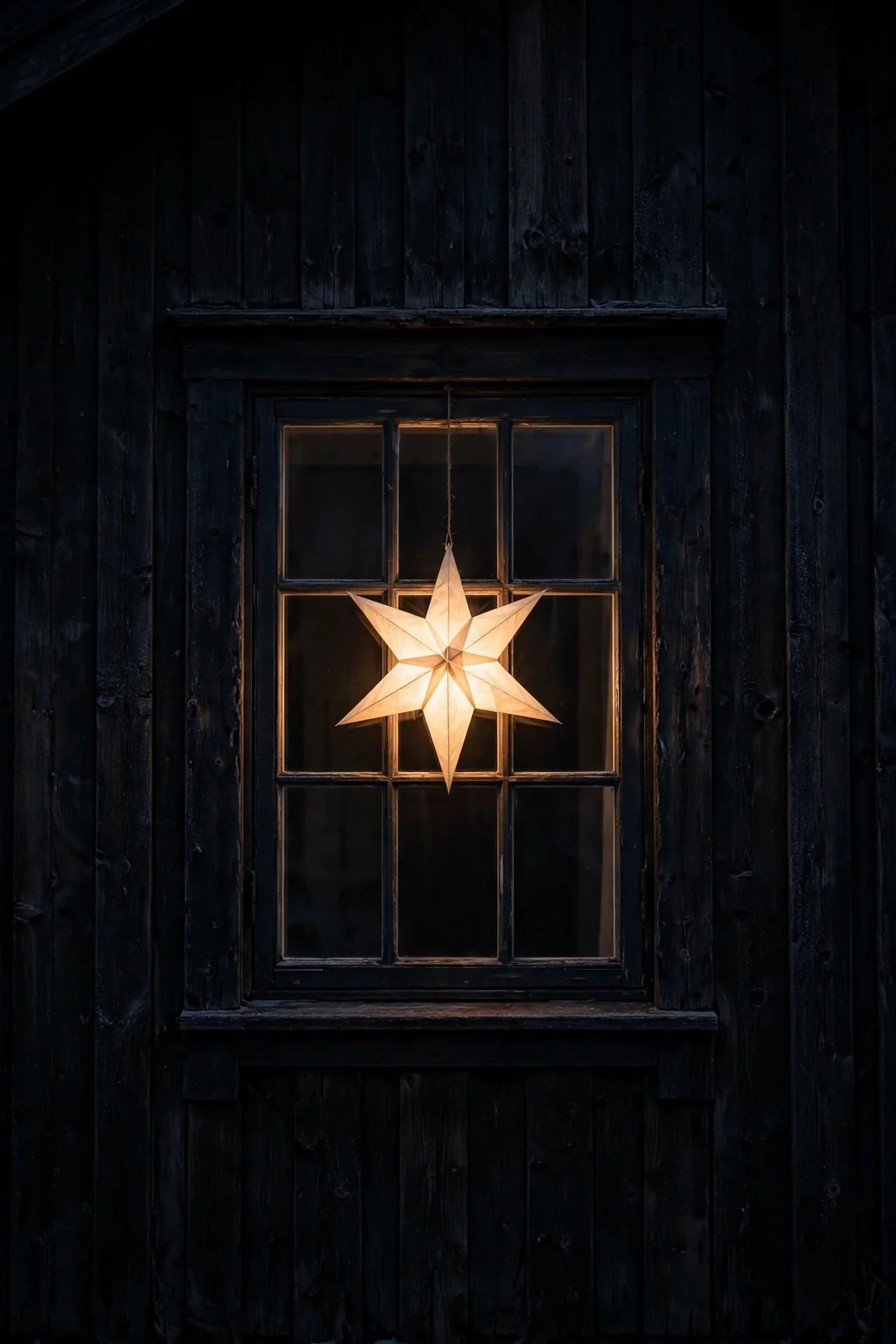 Single glowing paper star hanging centered in a dark front window at night