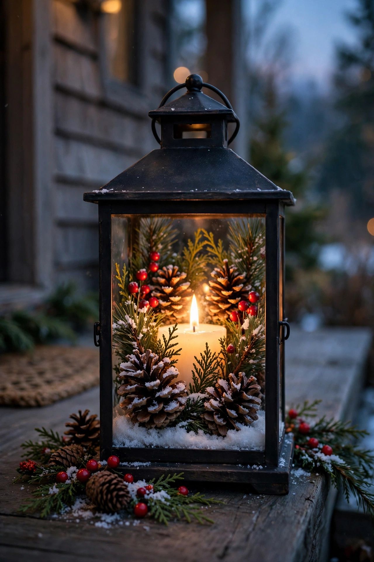 Winter porch lantern filled with pinecones, evergreen sprigs, red berries and faux snow