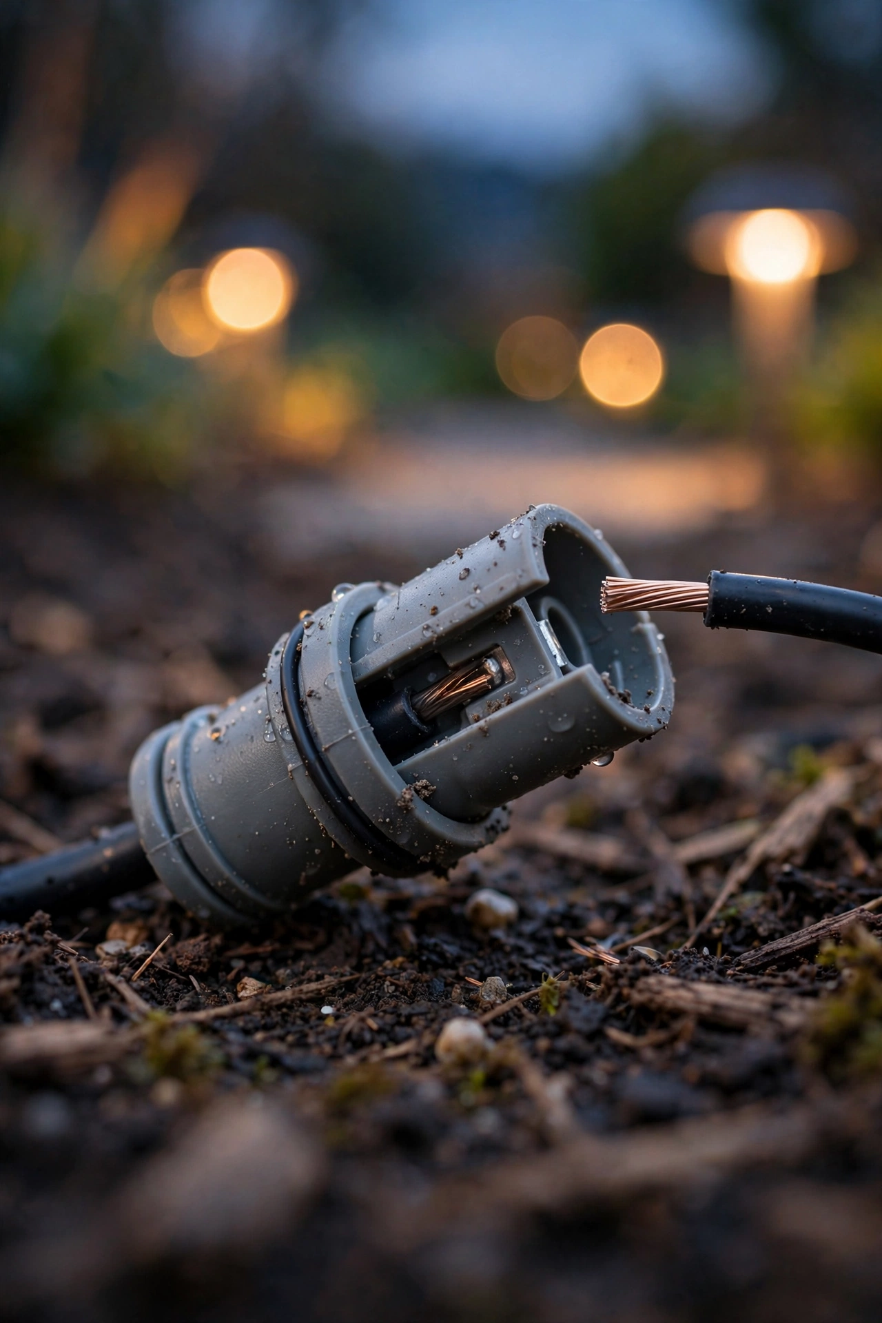 Close-up of hands reconnecting low-voltage landscape lighting wire with a waterproof outdoor connector