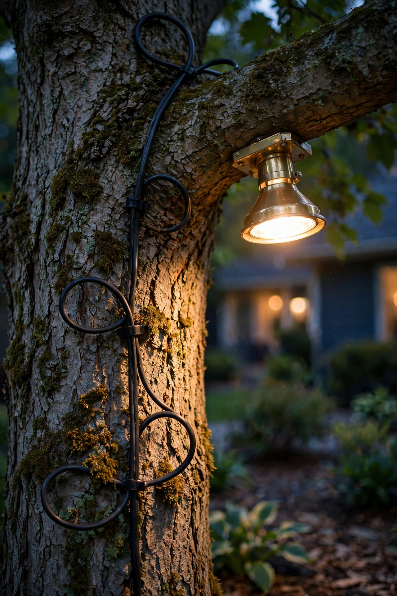 Low-voltage cable running up a tree trunk with slack loops to a brass downlight mounted on a sturdy limb with a tree-safe bracket