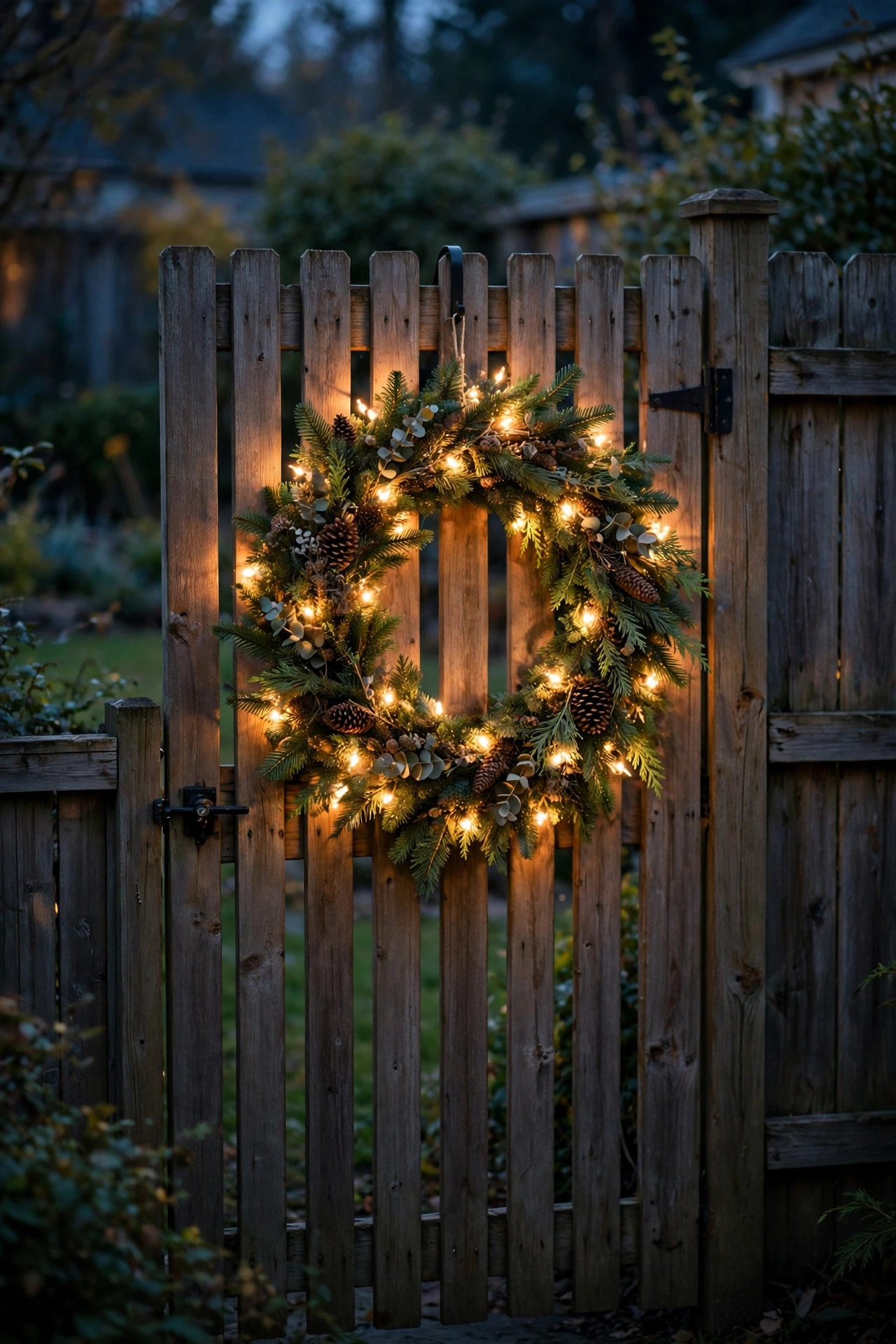 Lighted Christmas wreath with warm white lights hanging on a backyard fence gate at dusk