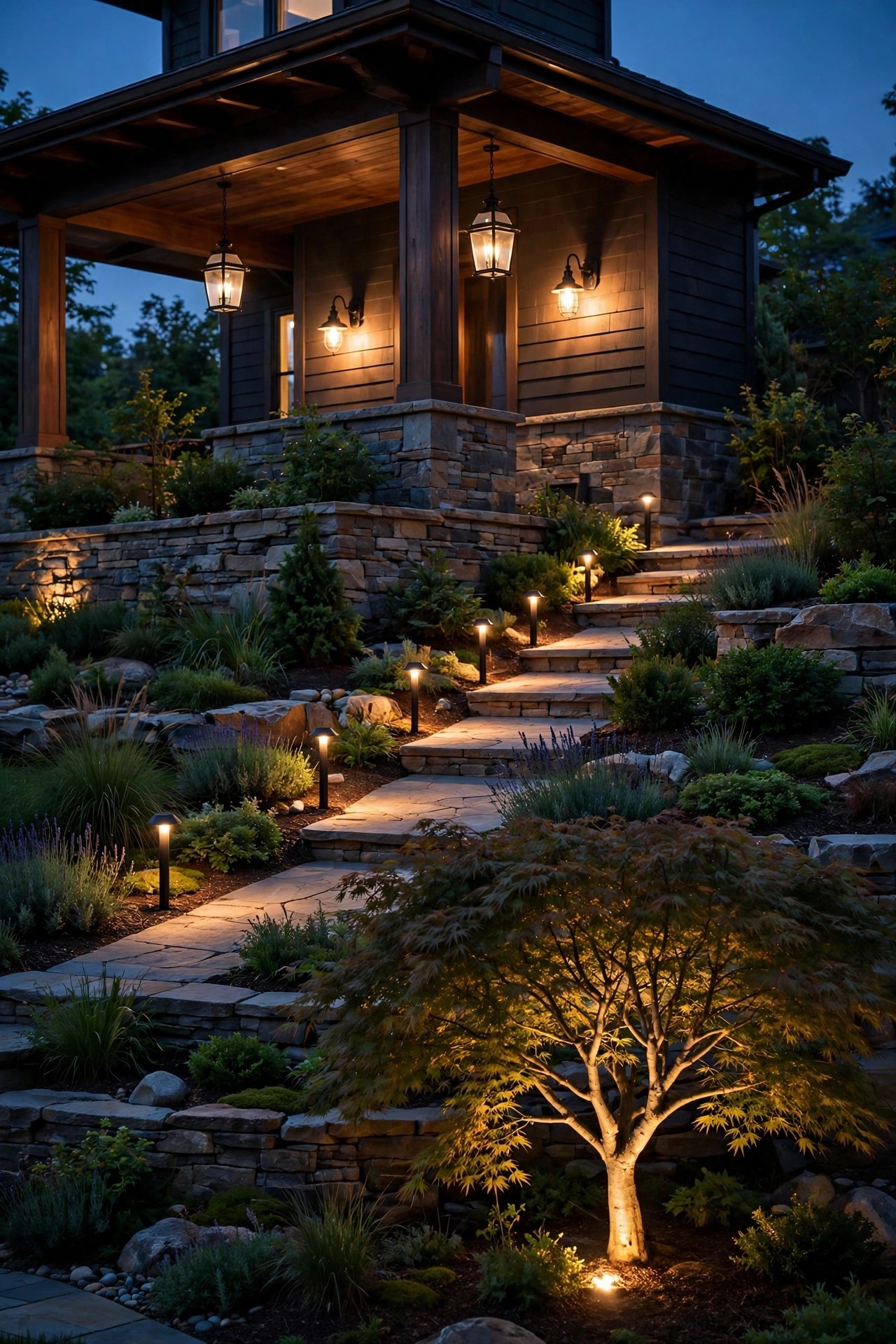 Layered front yard at dusk with covered porch lanterns, exposed wall sconces, path lights and an in-ground uplight all glowing together