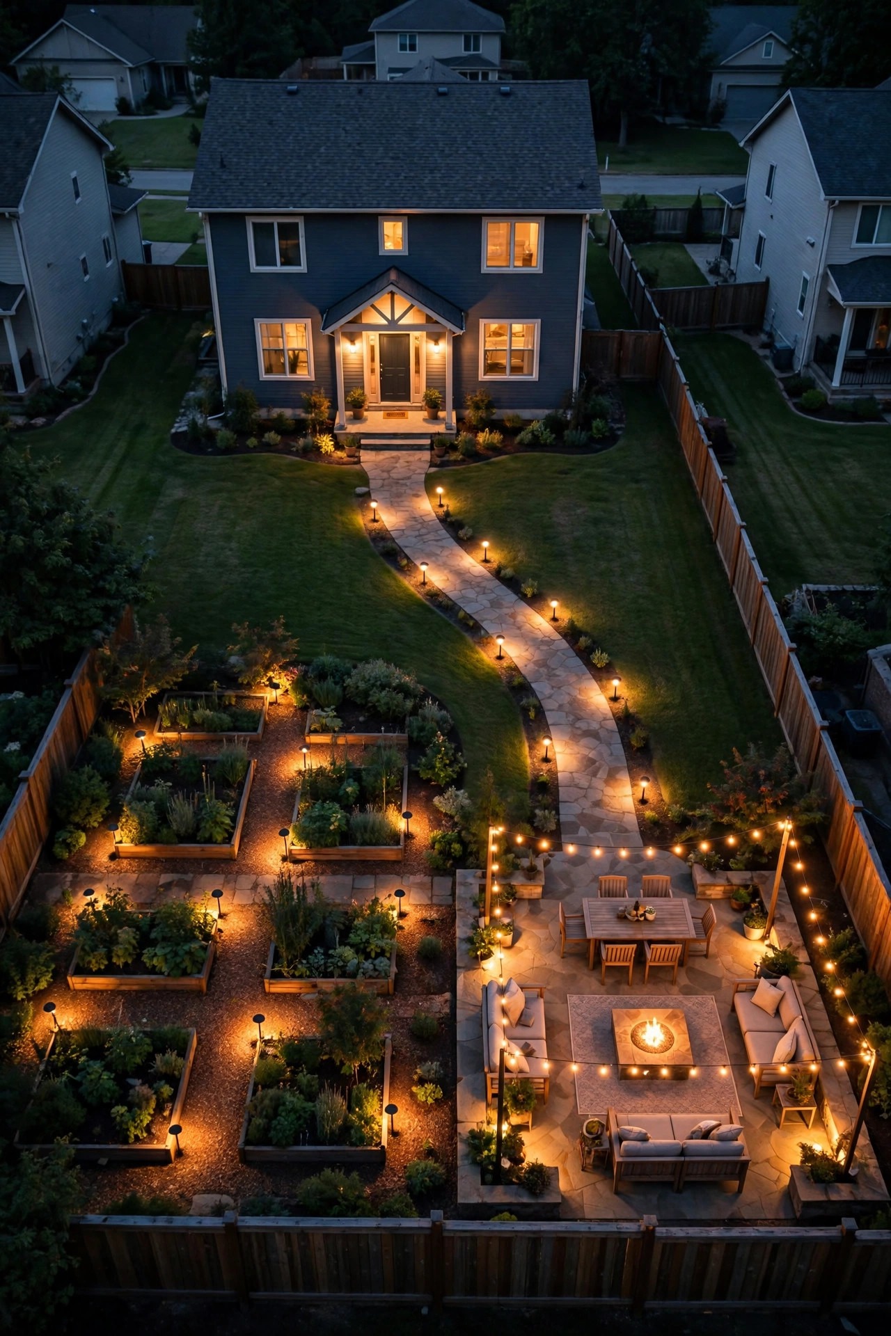 Photorealistic warm dusk elevated view of a suburban yard with clearly separated lighting zones, entry, walkway, patio and garden beds each glowing warmly