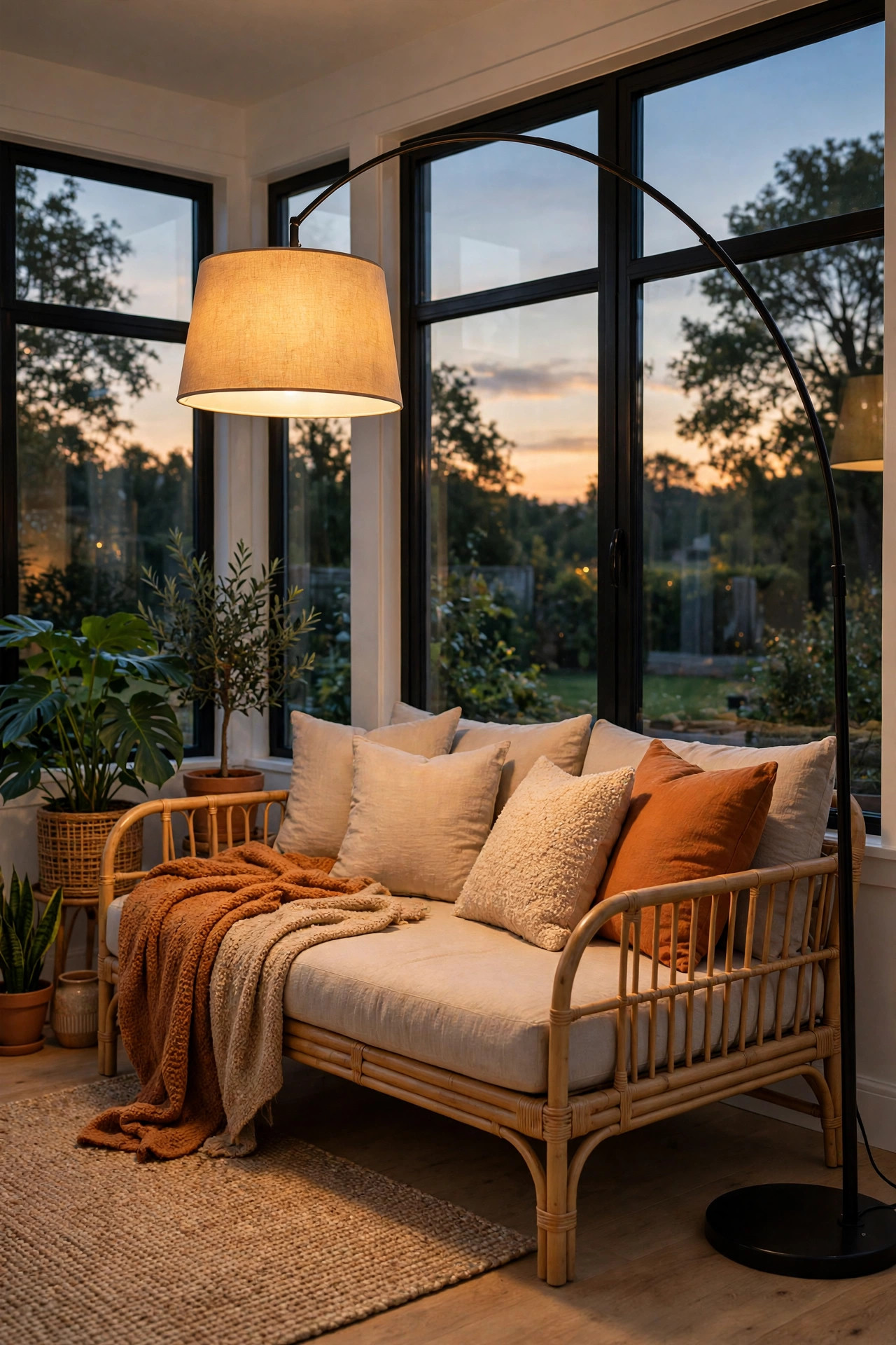 Arc floor lamp curving over a daybed in a sunroom with warm evening light