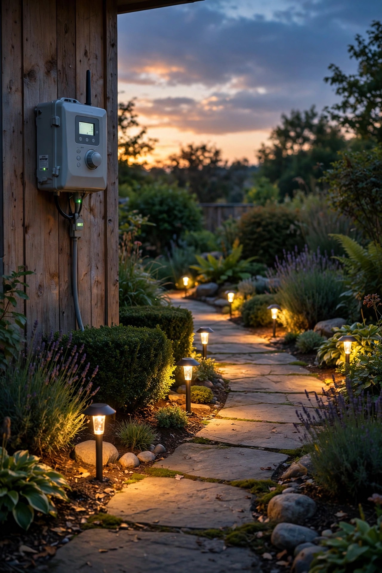 Garden lights turning on automatically at sunset as an astronomic timer matches the fading evening sky