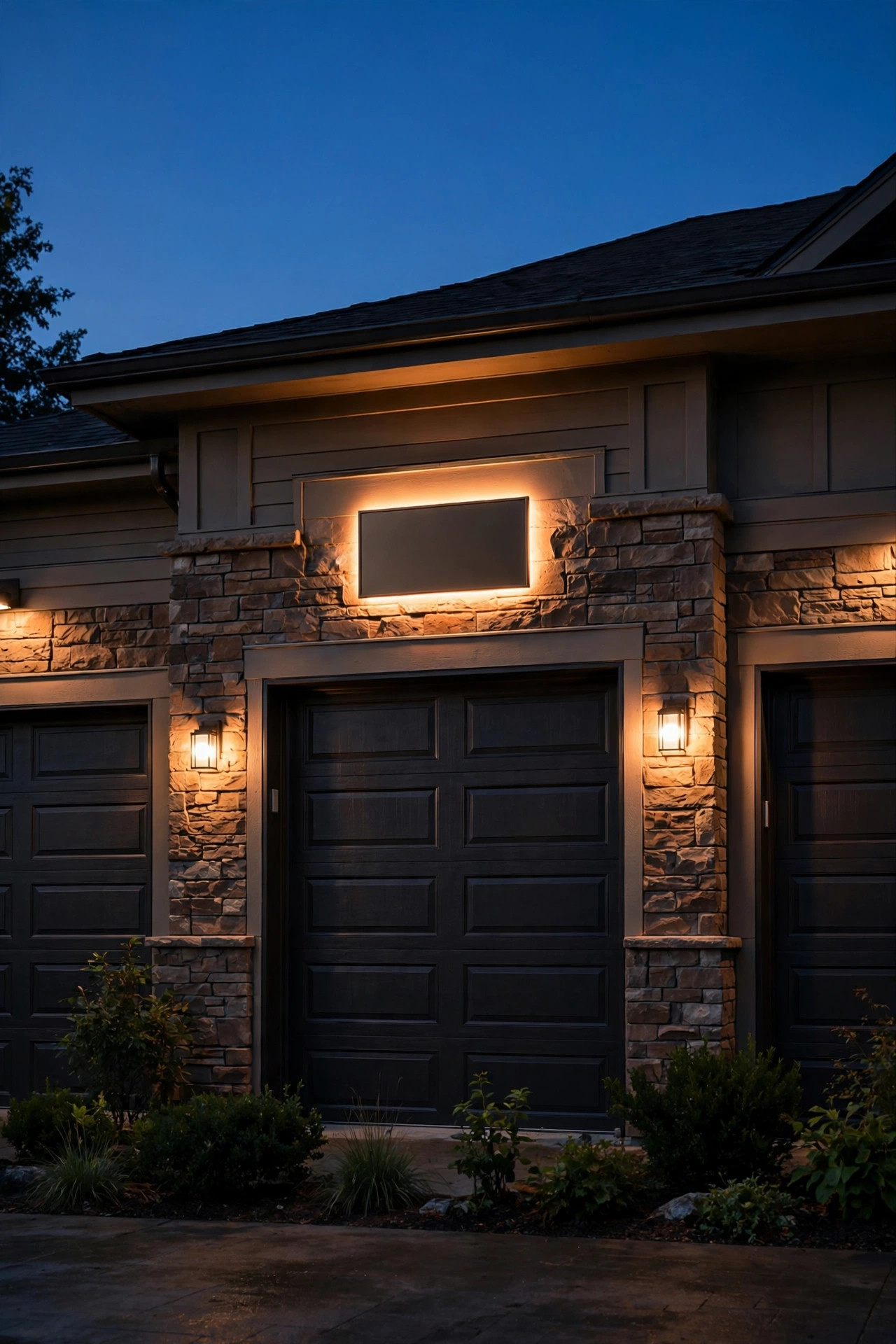 Backlit address plaque with a warm halo glow centered above the middle door of a three-car garage