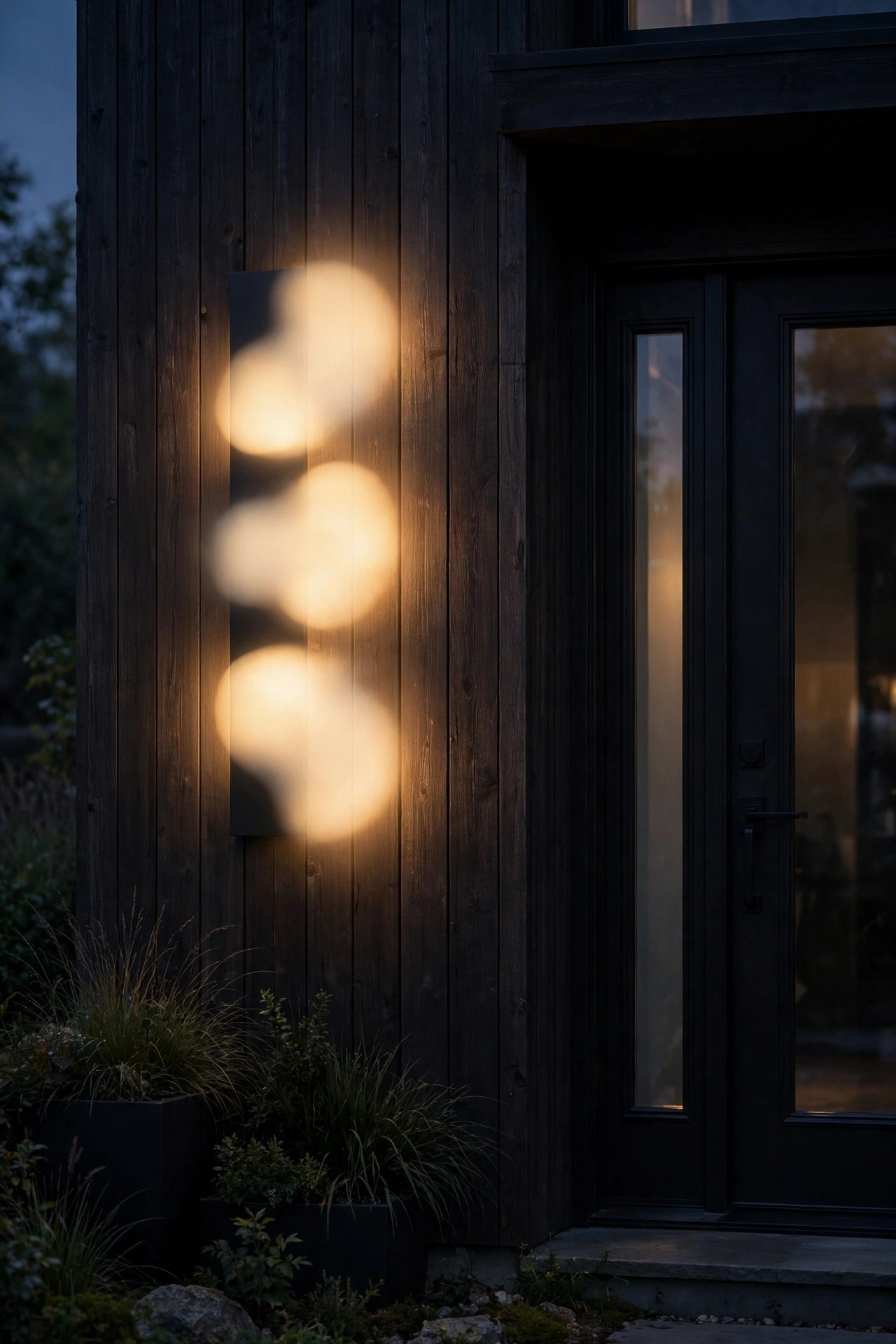 Modern backlit house numbers with a warm halo glow mounted beside a front door on a dark porch wall at dusk