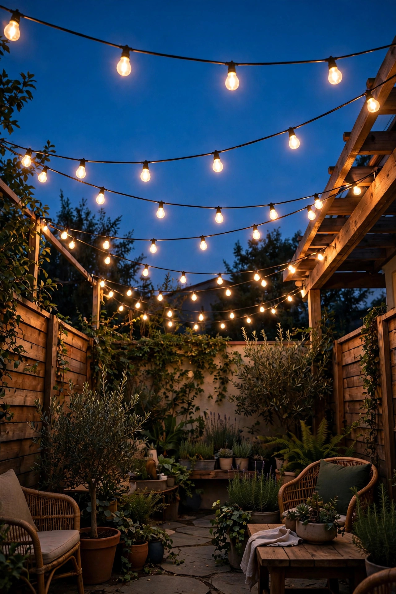 Warm white cafe string lights hung in tidy swags over a back patio at dusk, invisible from the street