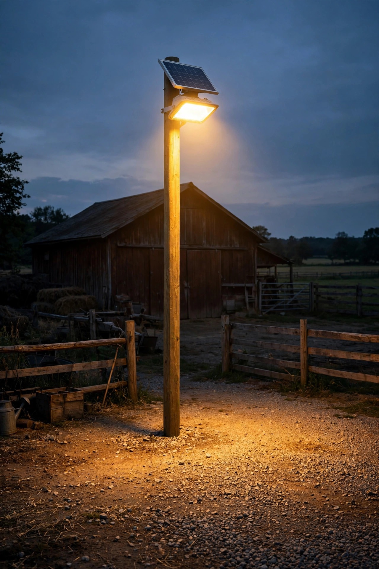 Pole-mounted solar area flood light glowing over a farmyard and barn at dusk, broad warm pool of light across gravel and fences