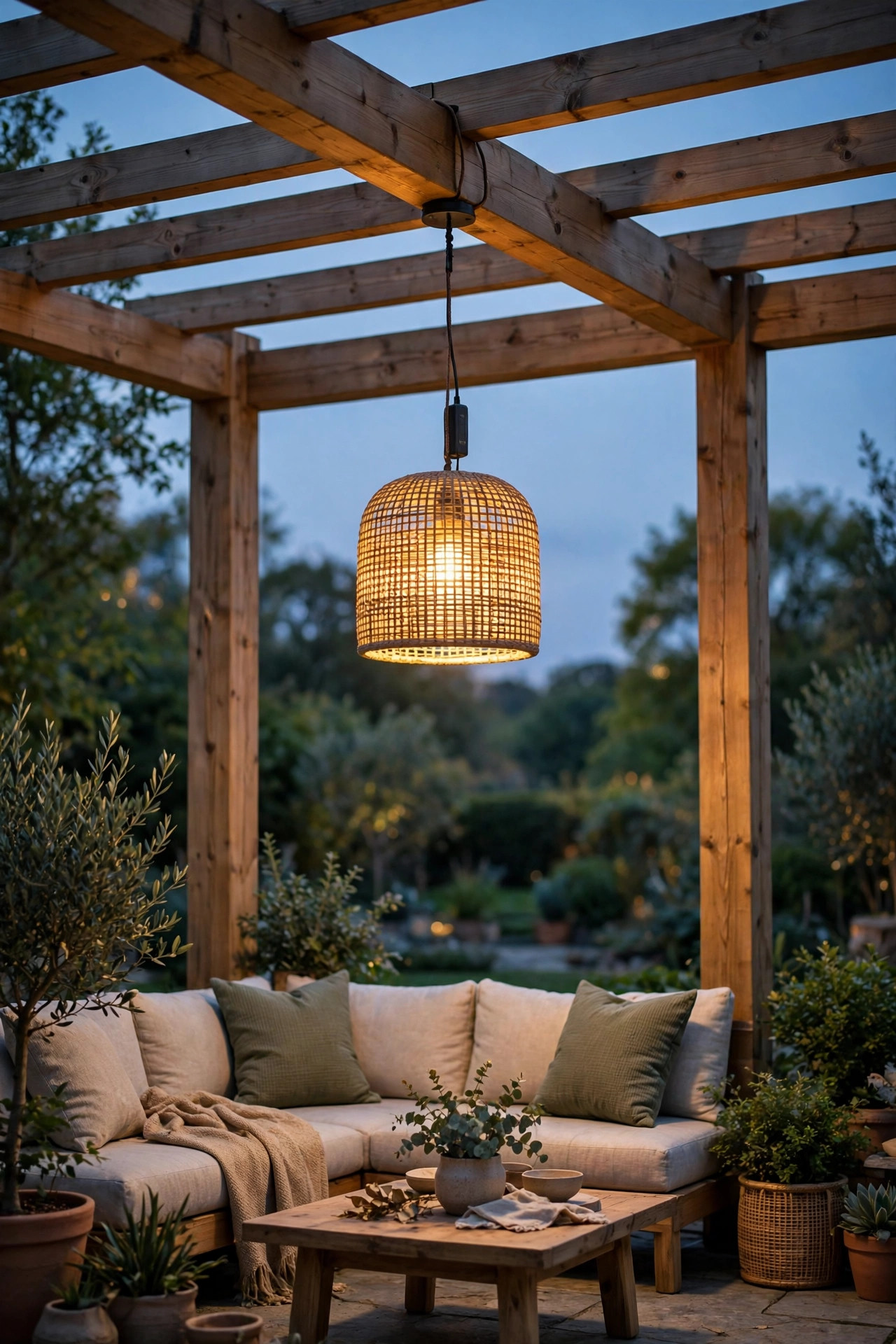 Battery-operated pendant light with a woven shade hanging from the center beam of a freestanding pergola over a seating area at dusk