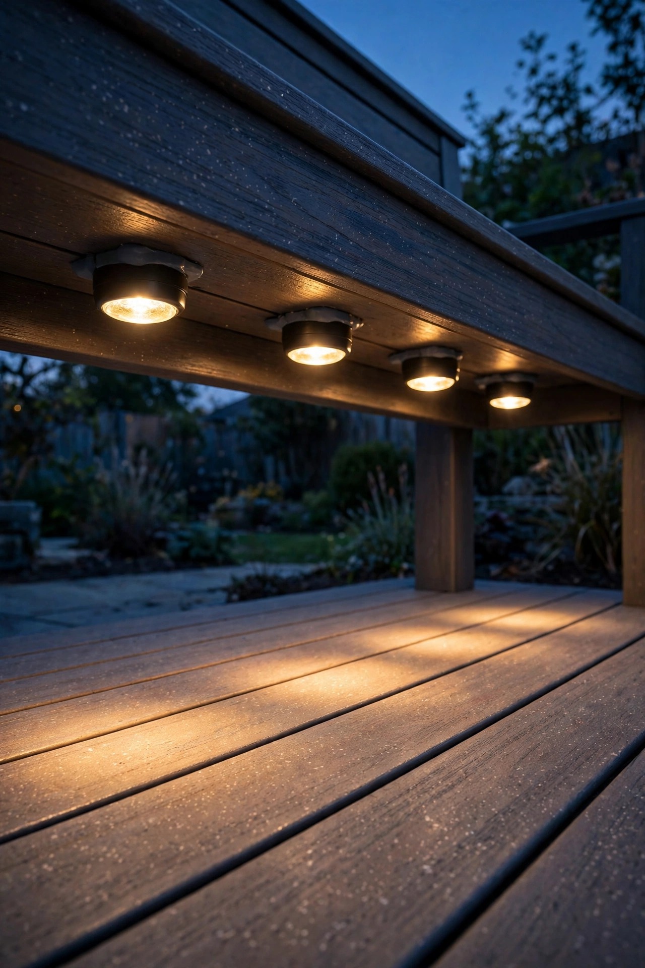 Battery puck lights stuck under a built-in bench casting warm light onto composite deck boards