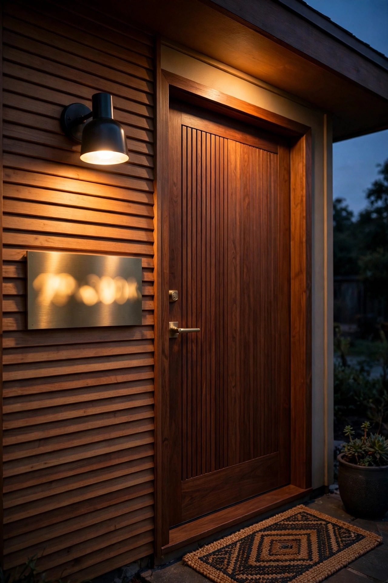 Mid-century modern porch detail with matte black sconce, brushed brass house numbers and warm light over a walnut front door at dusk