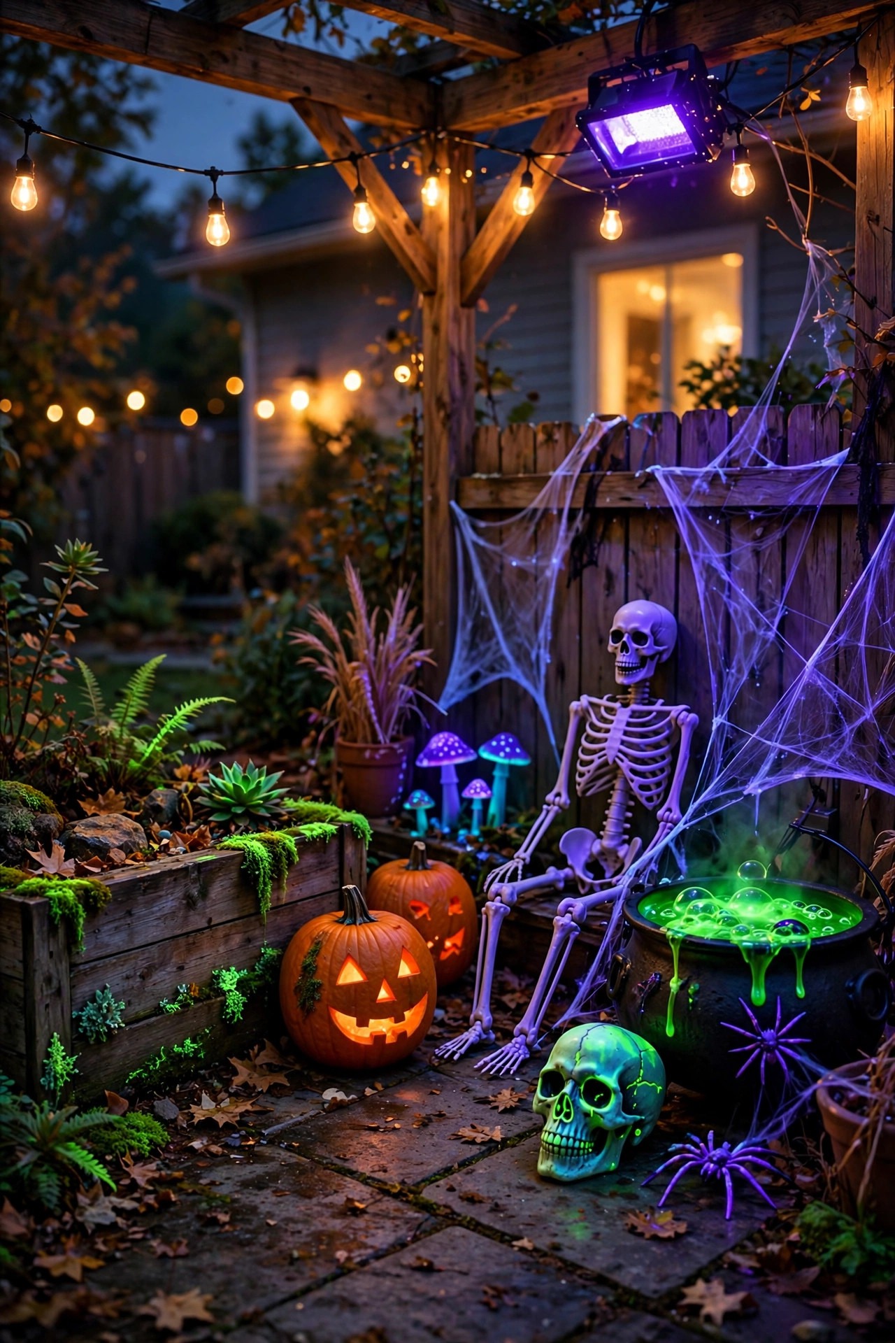 Backyard Halloween props glowing under a UV blacklight wash at night