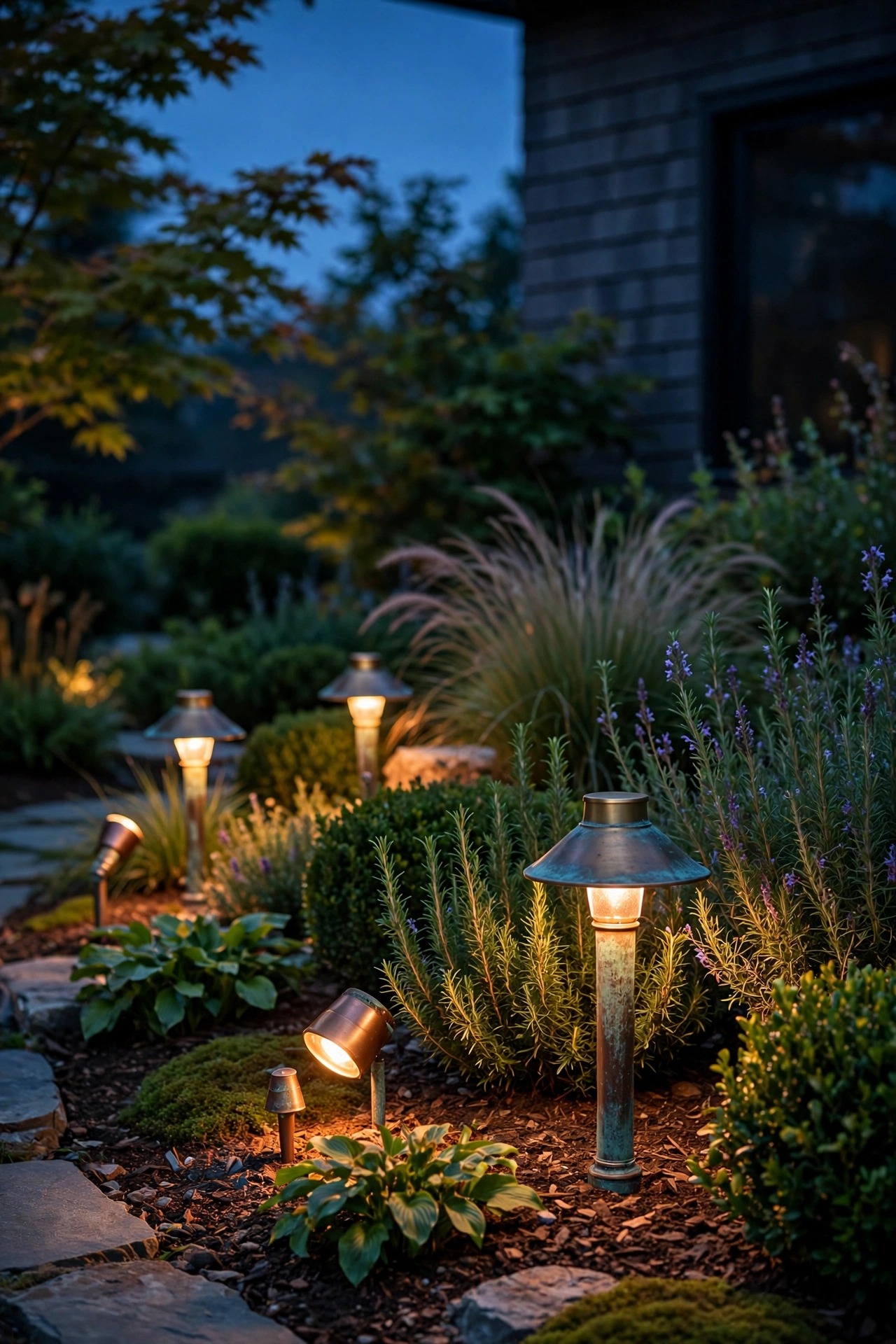 Solid brass and copper path lights and spotlights with a rich aged patina glowing warmly in a manicured front garden bed at dusk