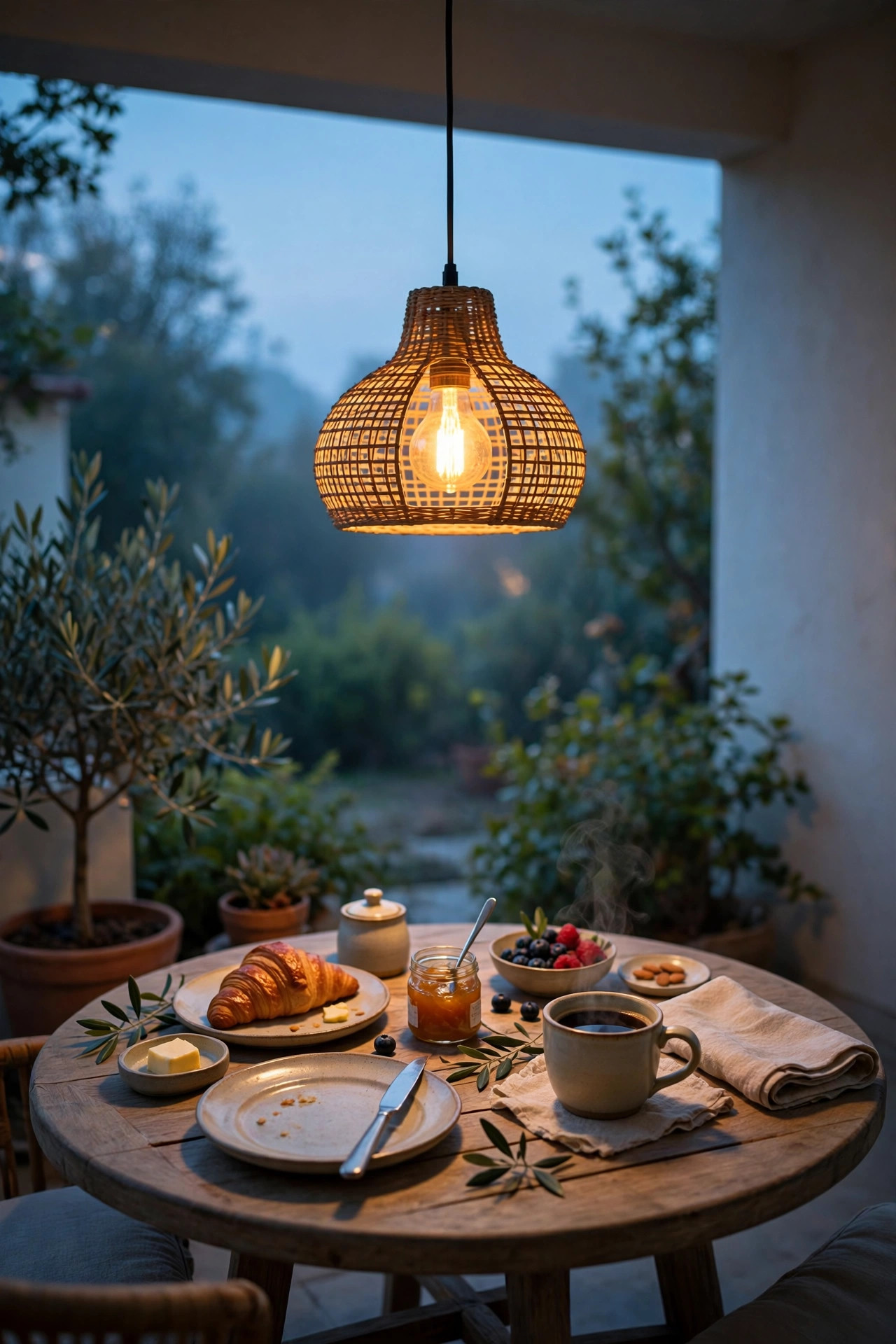 Single warm pendant light hanging over a round patio breakfast table set with plates and coffee at dawn