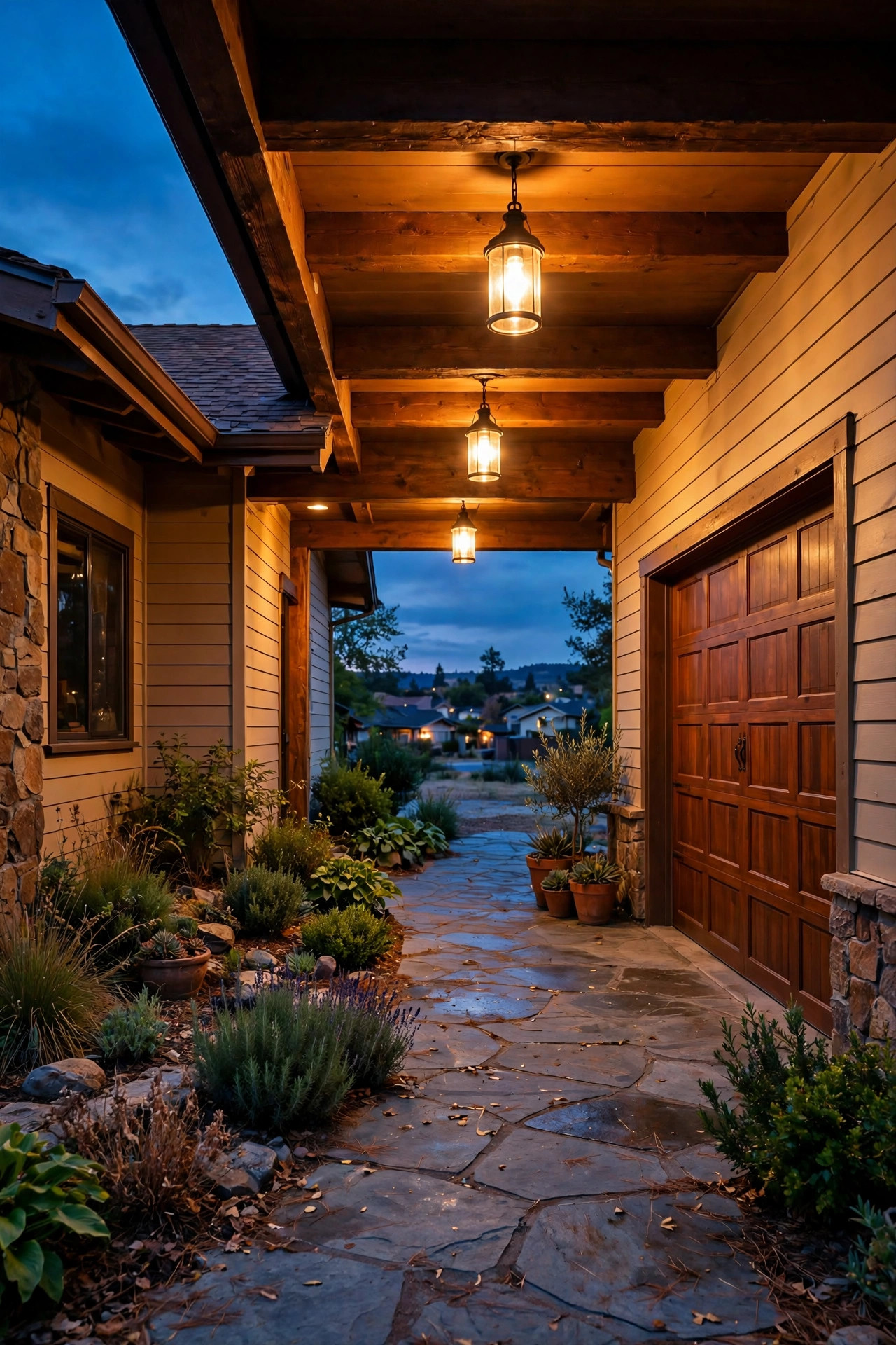 Warm ceiling lights glowing in the breezeway between a ranch home and its garage