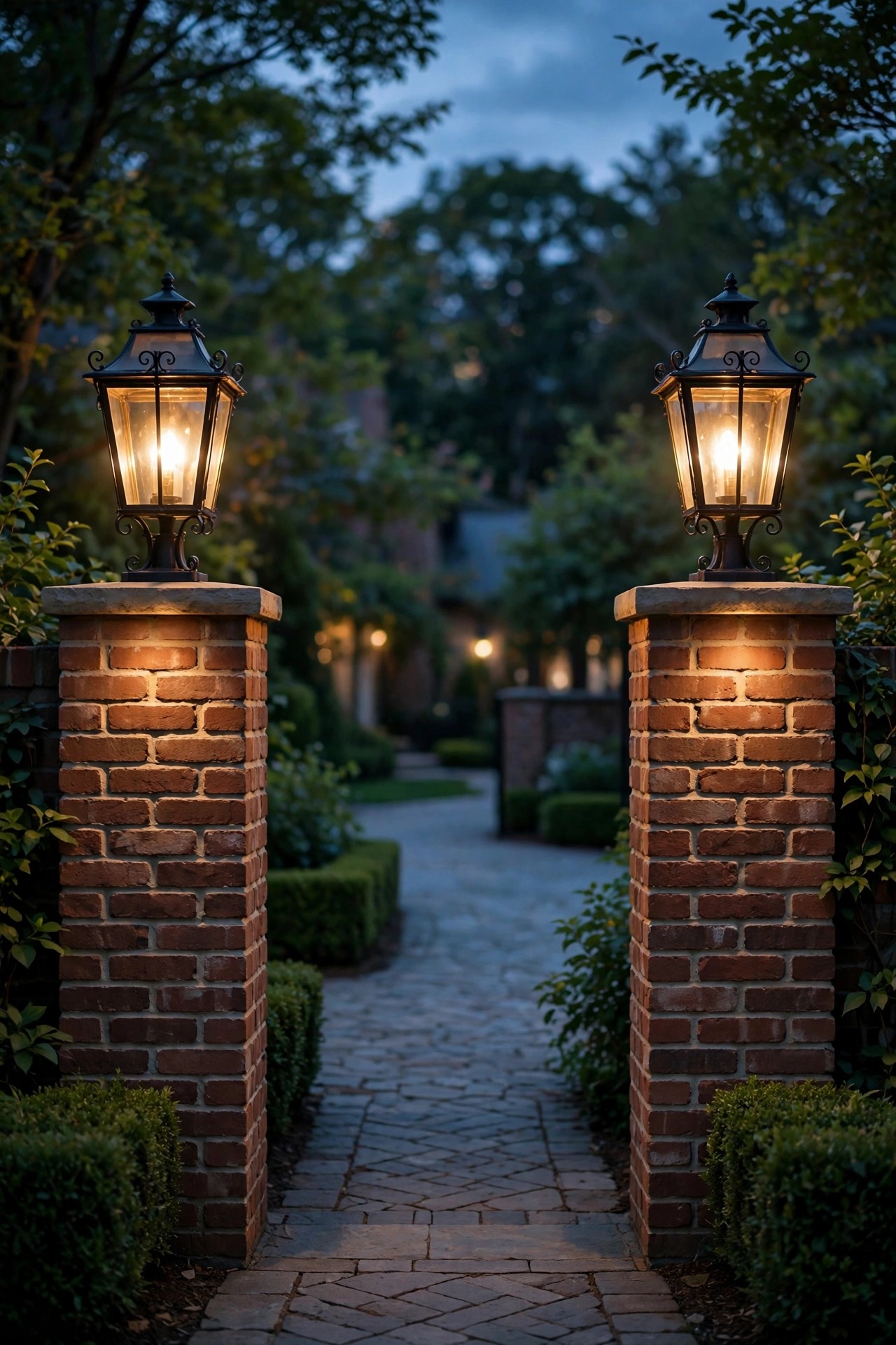 Matching carriage style lanterns on top of two brick pillars flanking a driveway entrance at dusk, warm symmetrical glow