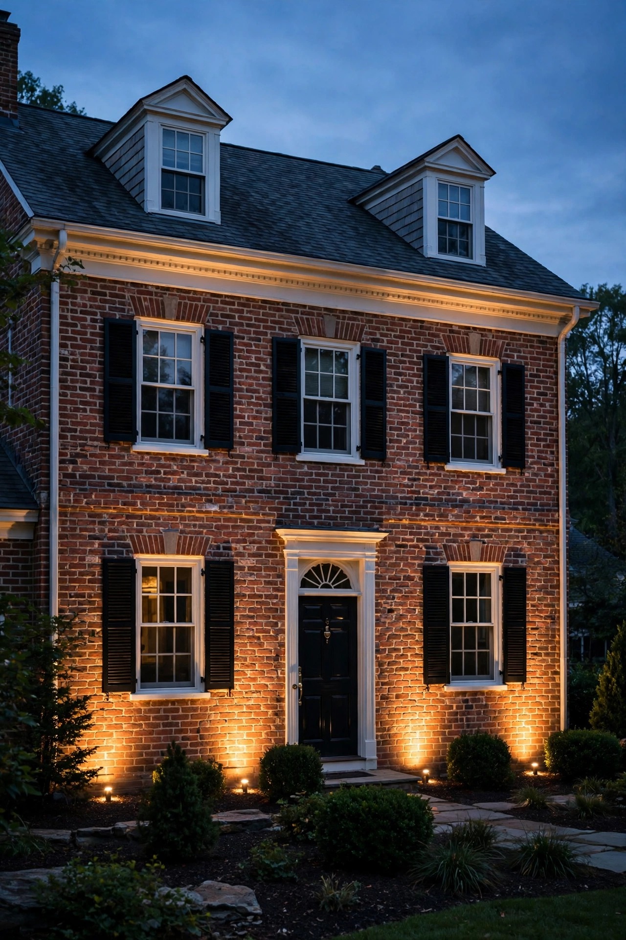 Warm uplights washing the brick facade of a colonial home at dusk with soft even light