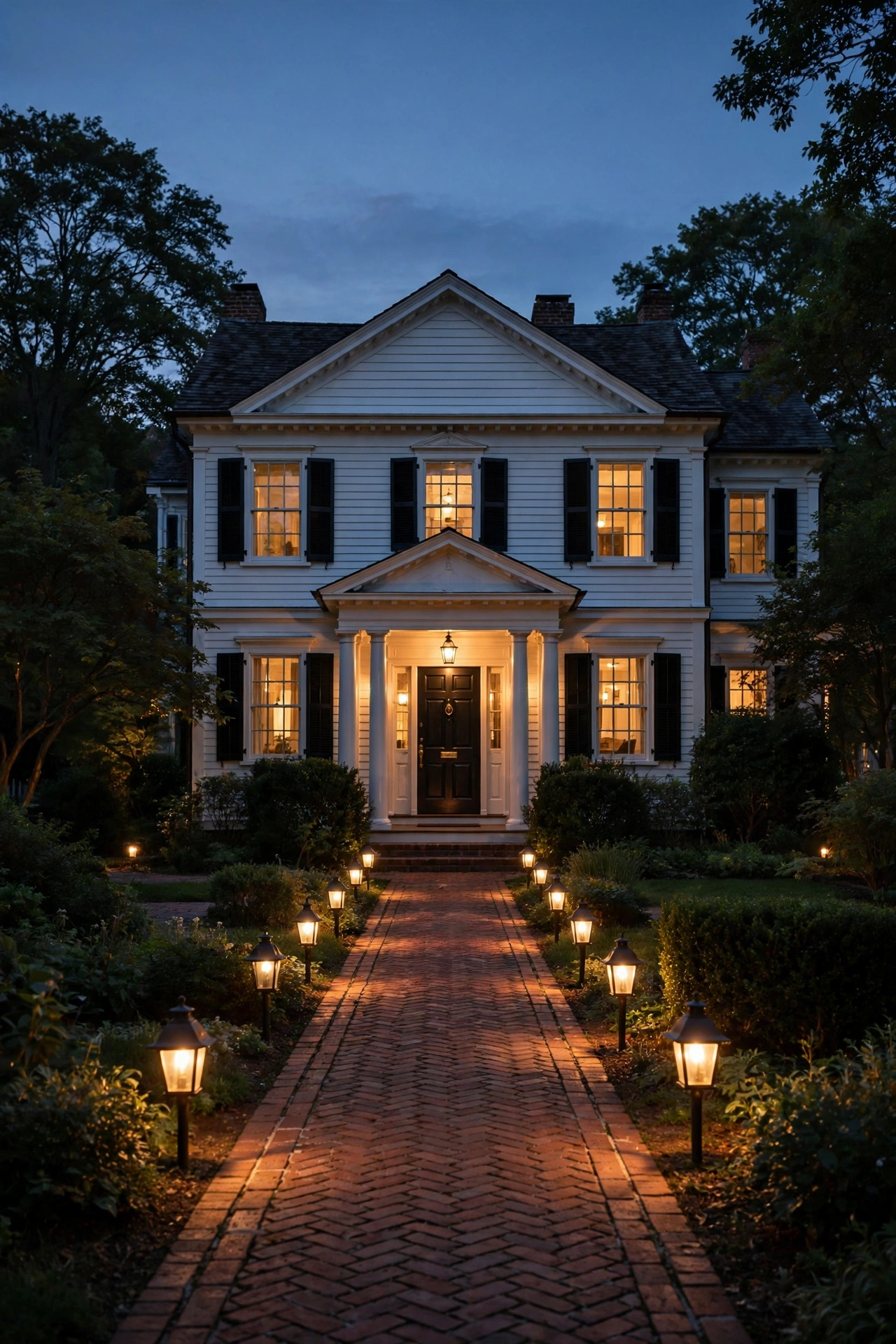 Lantern-style path lights lining a brick walkway to a colonial home at dusk