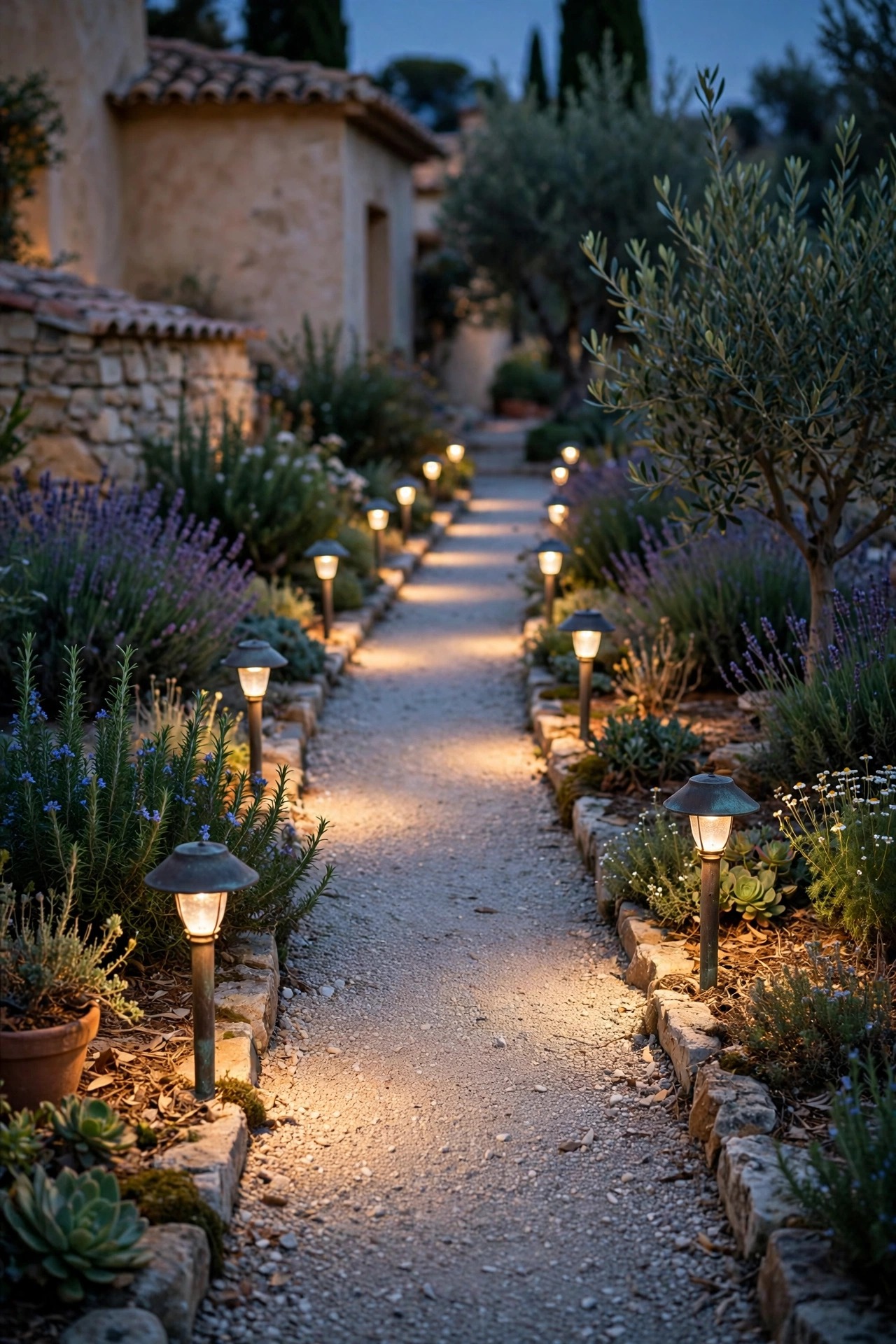 Low aged bronze path lights edging a flower bed and gravel walk in a Mediterranean front yard at dusk, soft pools of warm light