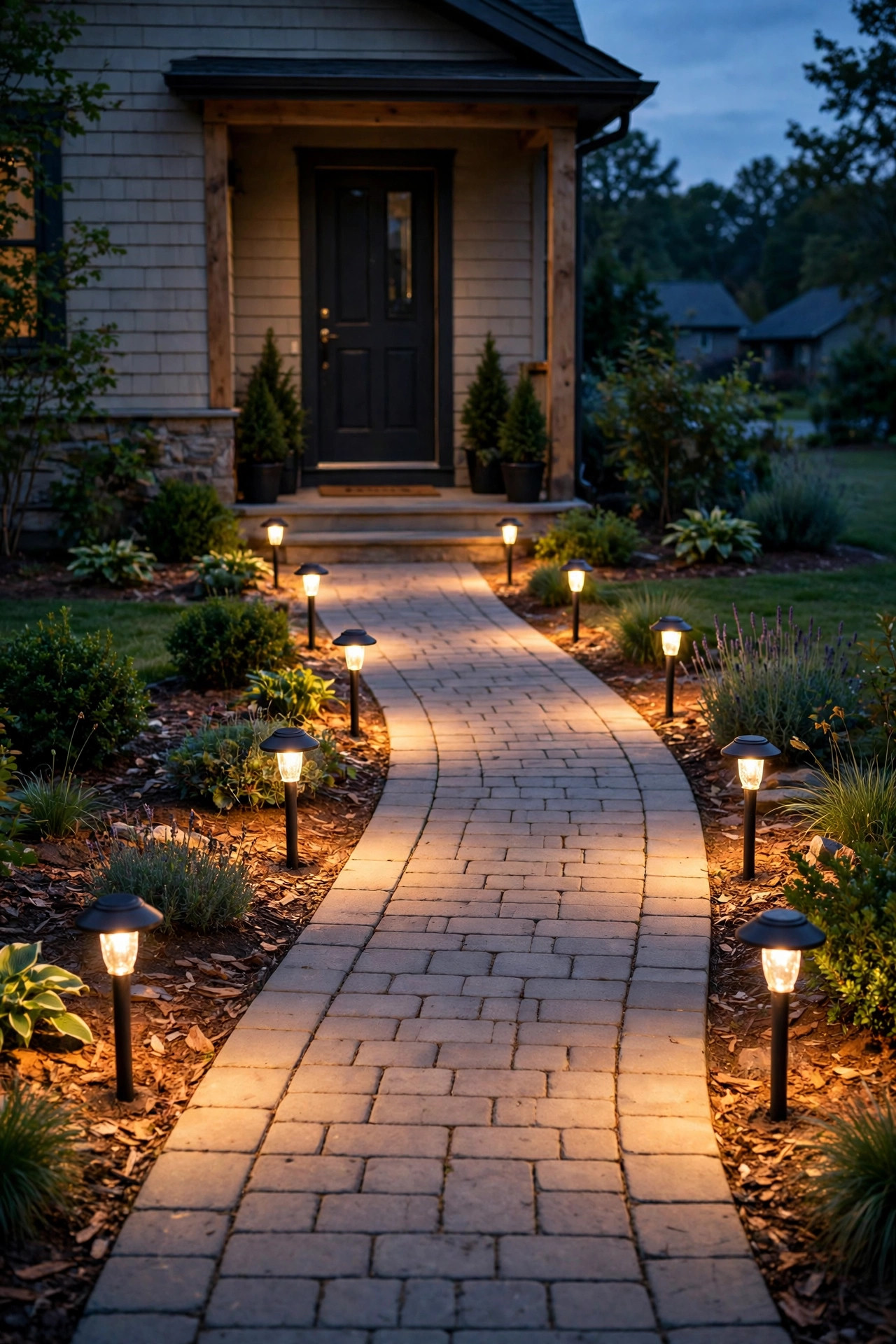 Affordable but warm and cohesive front walkway lighting at dusk, all fixtures matched at the same warm color temperature for a designed look on a budget