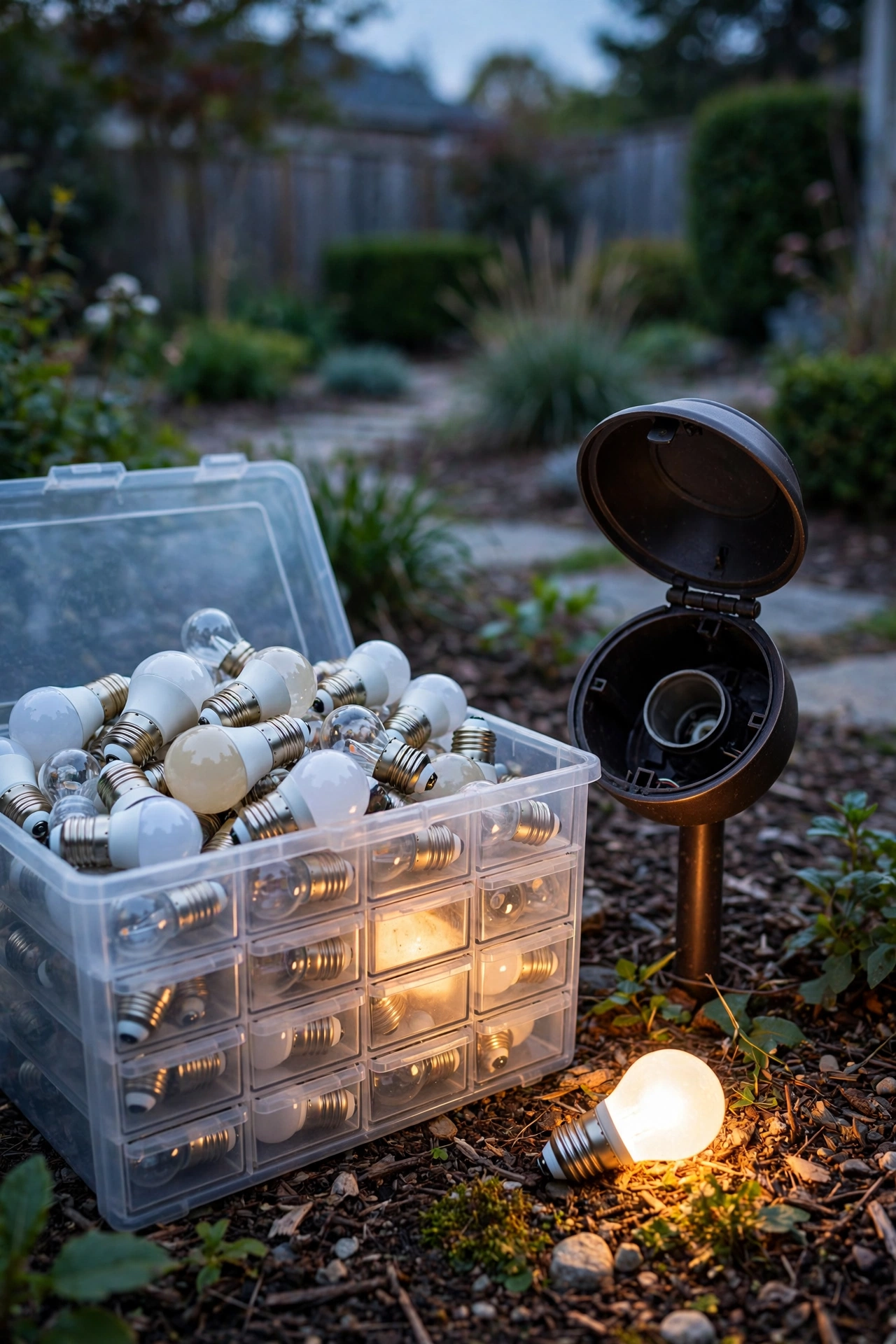 Labeled storage bin of spare warm-white LED landscape bulbs next to a path light with its housing open