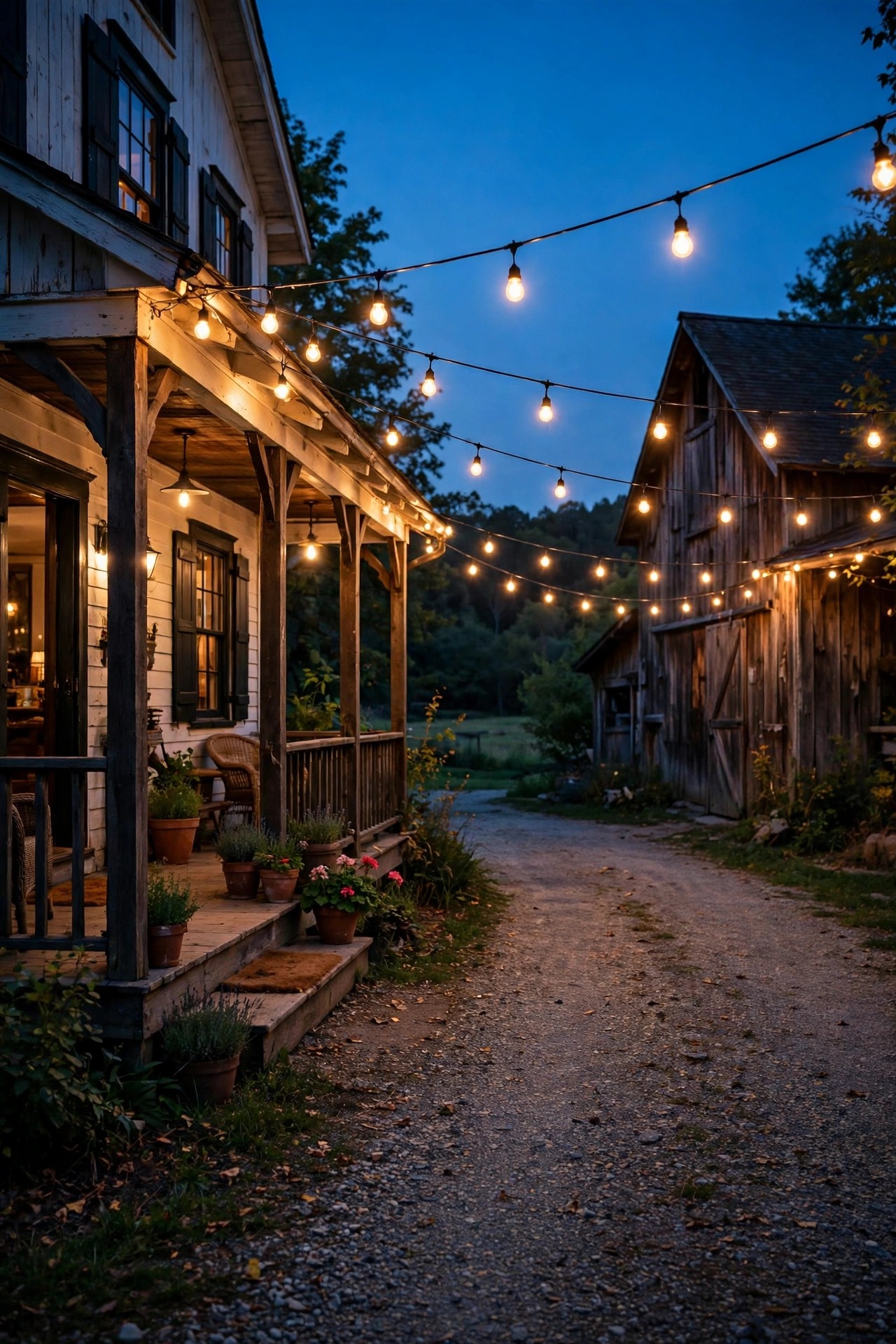 Warm café string lights strung between a farmhouse porch and barn above the edge of a driveway