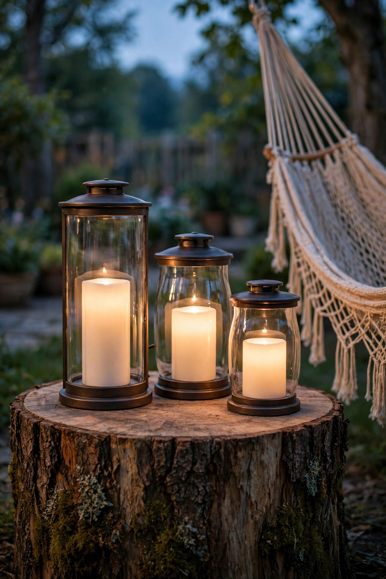 Flameless candles in glass hurricane lanterns glowing on a wooden stump table beside a hammock