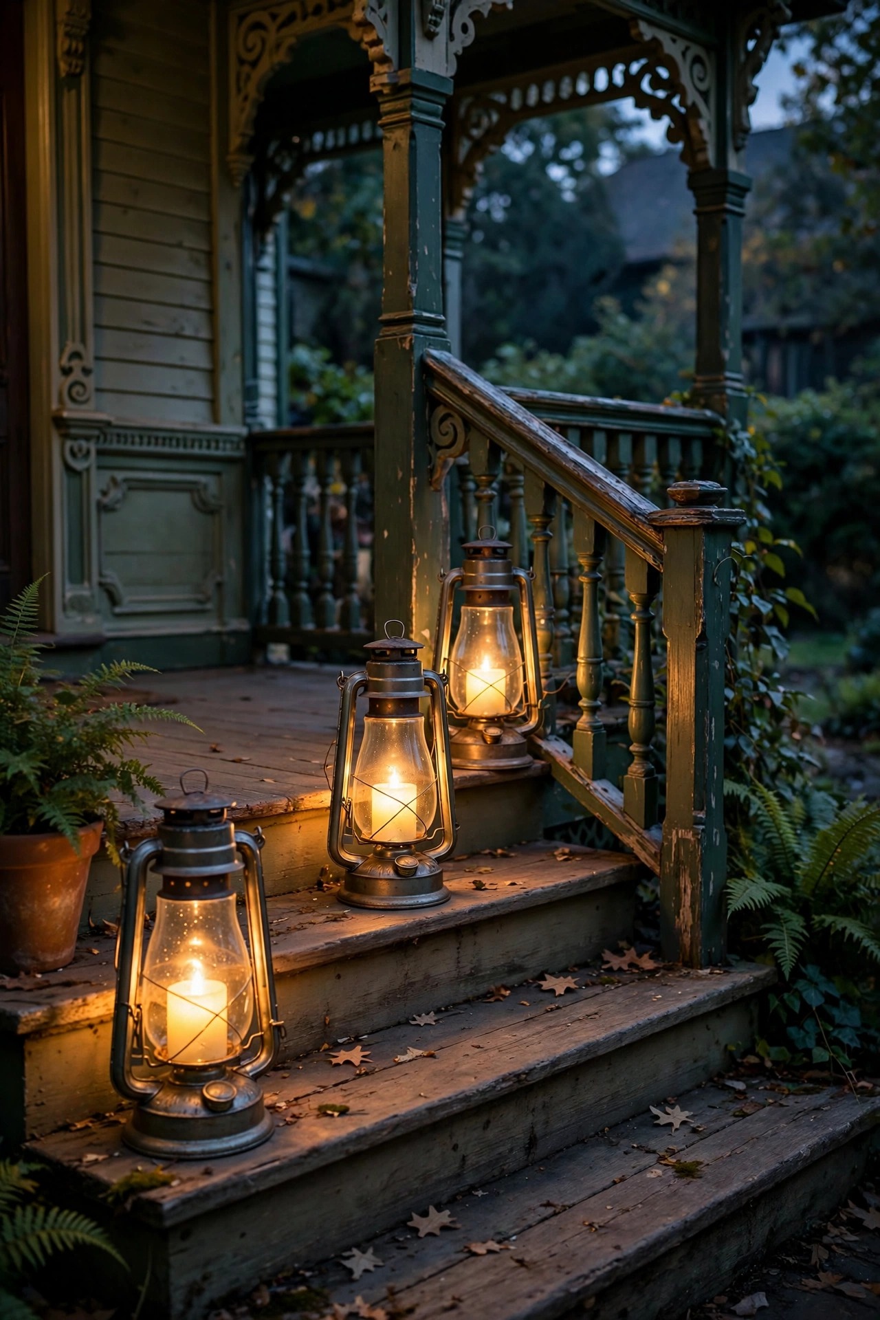 Hurricane lanterns with flameless candles glowing on Victorian porch steps at dusk