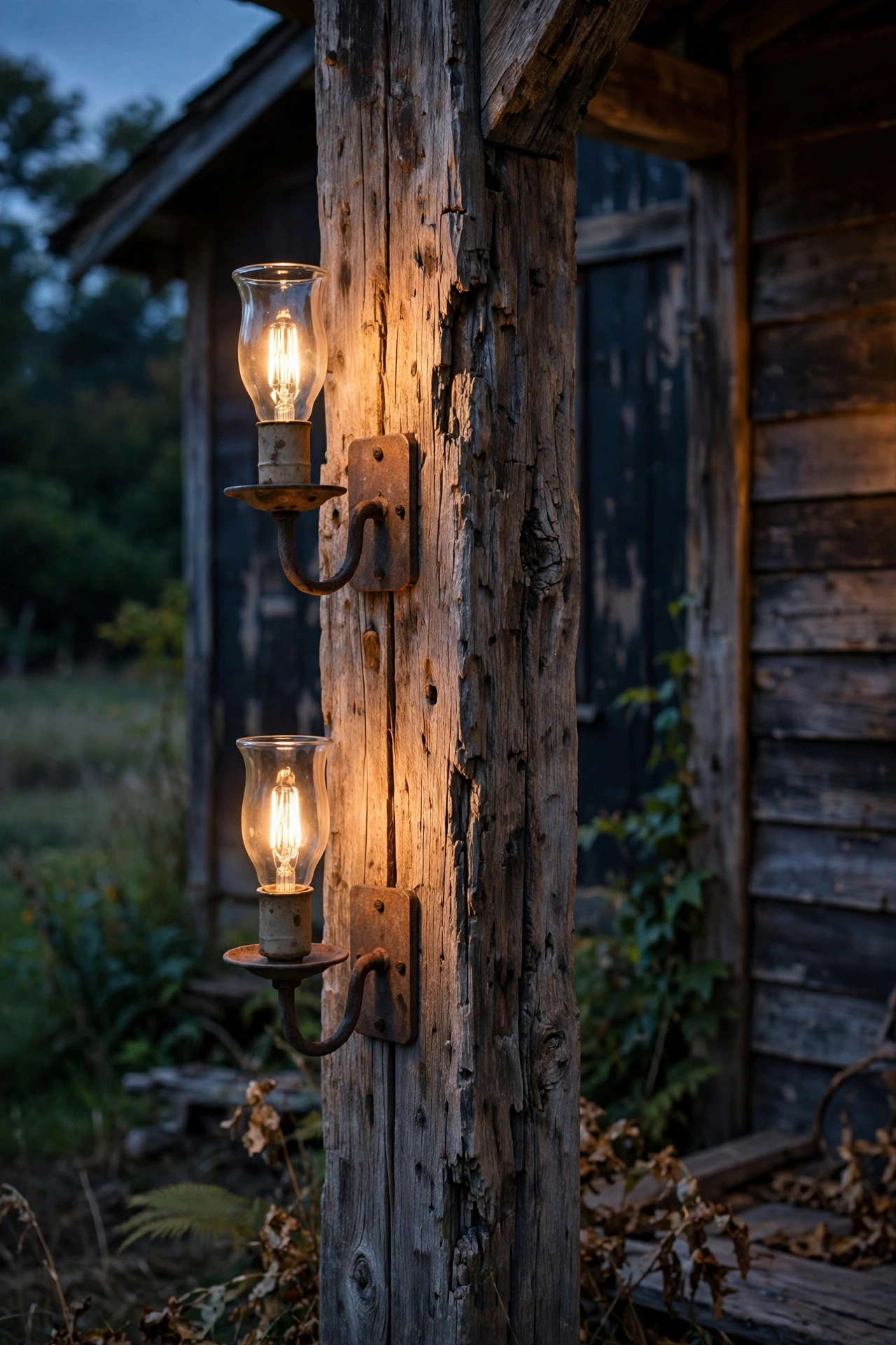 Candle-style farmhouse sconces with flame-tip bulbs glowing beside a wooden front door