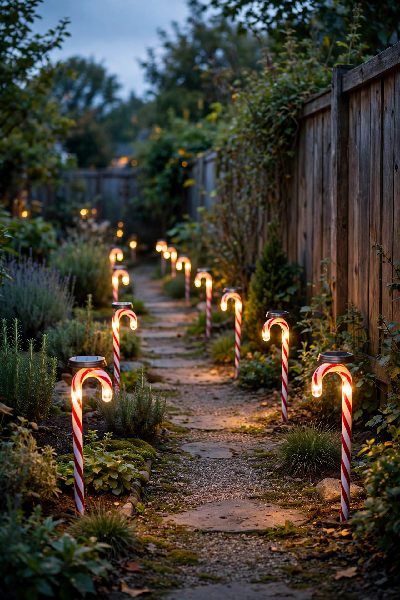 Solar candy cane stake lights lining a backyard path along a fence at dusk
