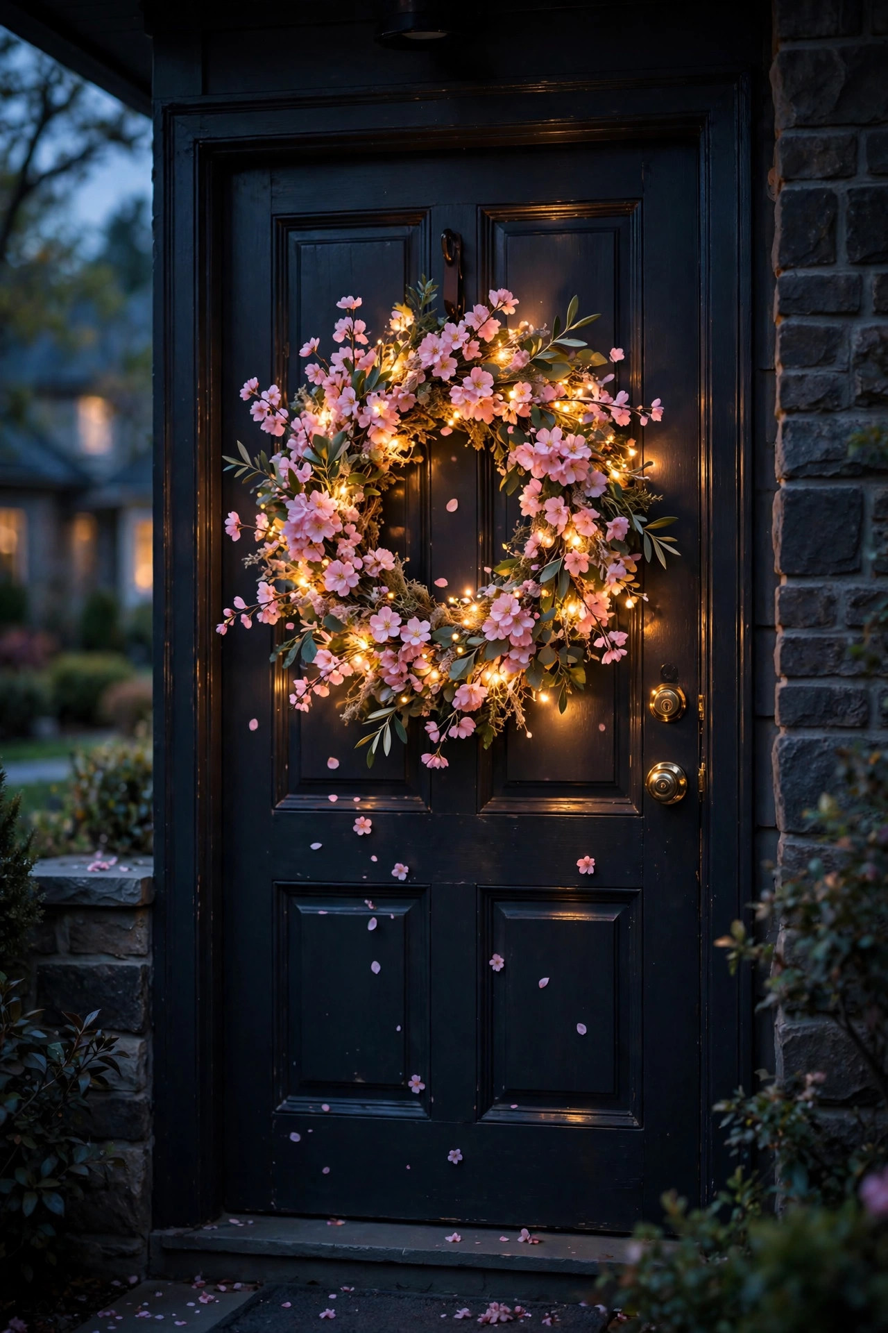 Pink cherry blossom spring wreath with warm lights glowing on a dark front door