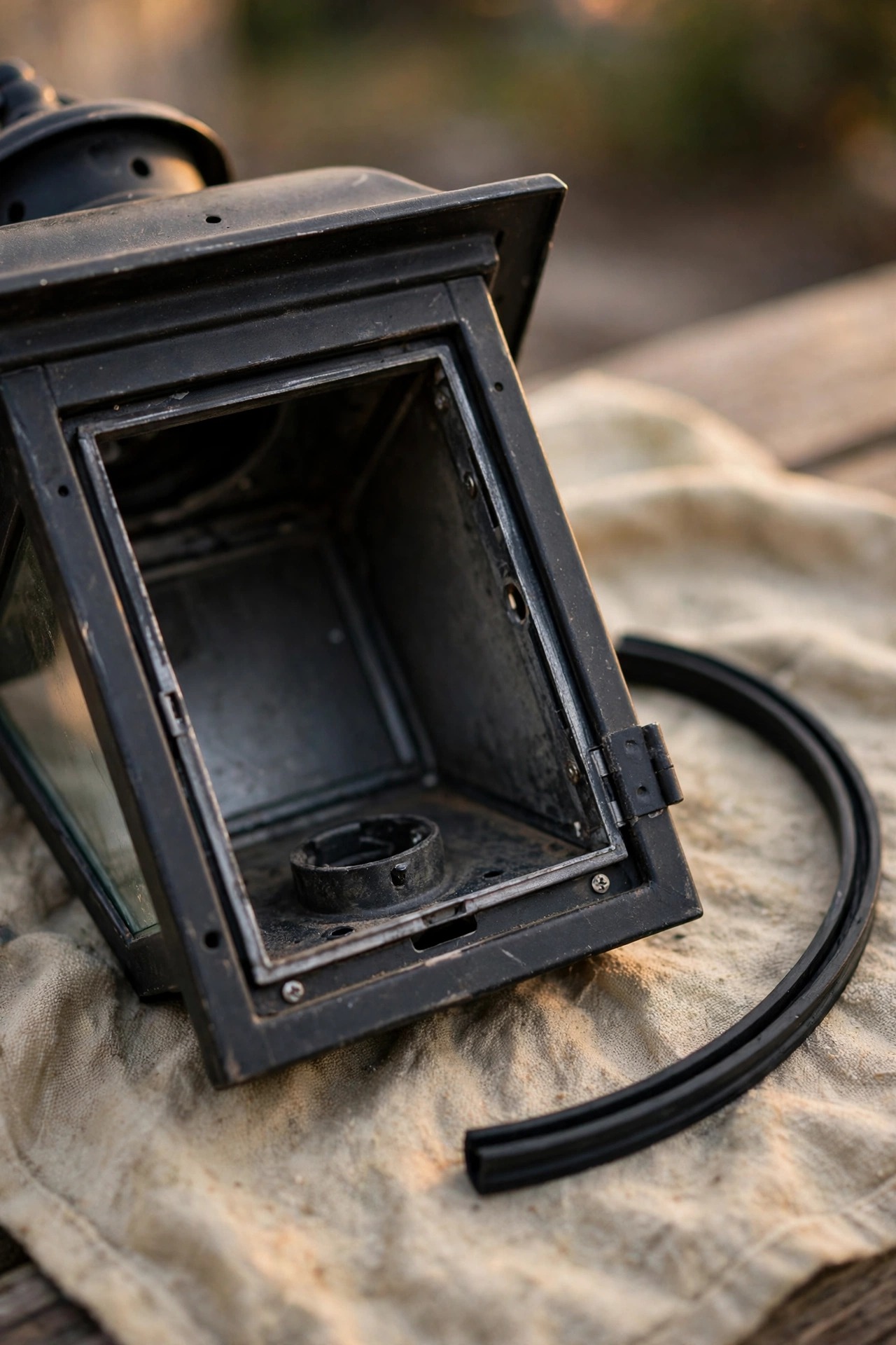 Opened outdoor wall lantern with its lens removed, showing a clean empty housing and a fresh gasket strip beside it on a work towel